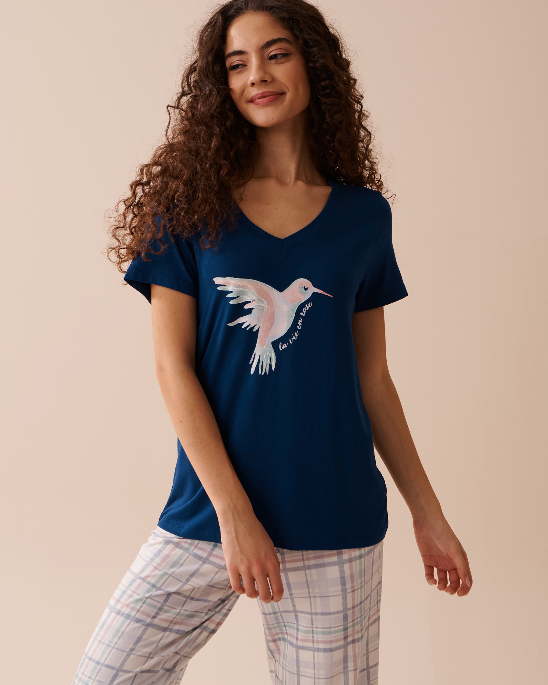LA VIE EN ROSE T-shirt en bambou à imprimé colibri Bleu foncé 40100563 - Voir1