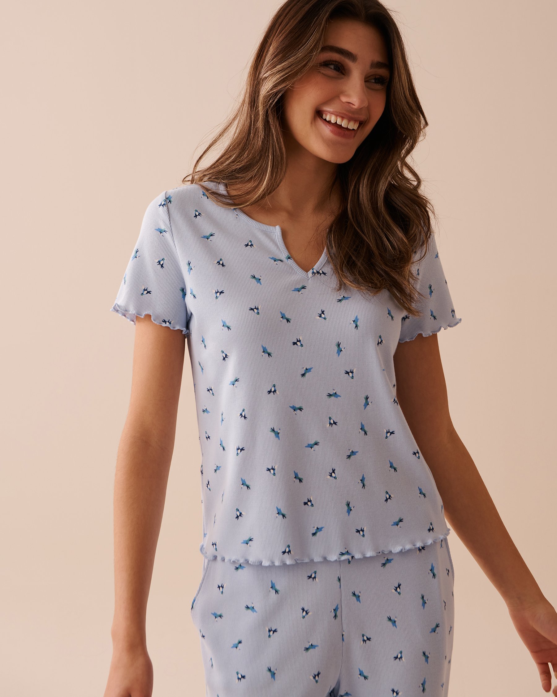 LA VIE EN ROSE T-shirt col en V côtelé bordures frisons Petits oiseaux 40100547 - View1