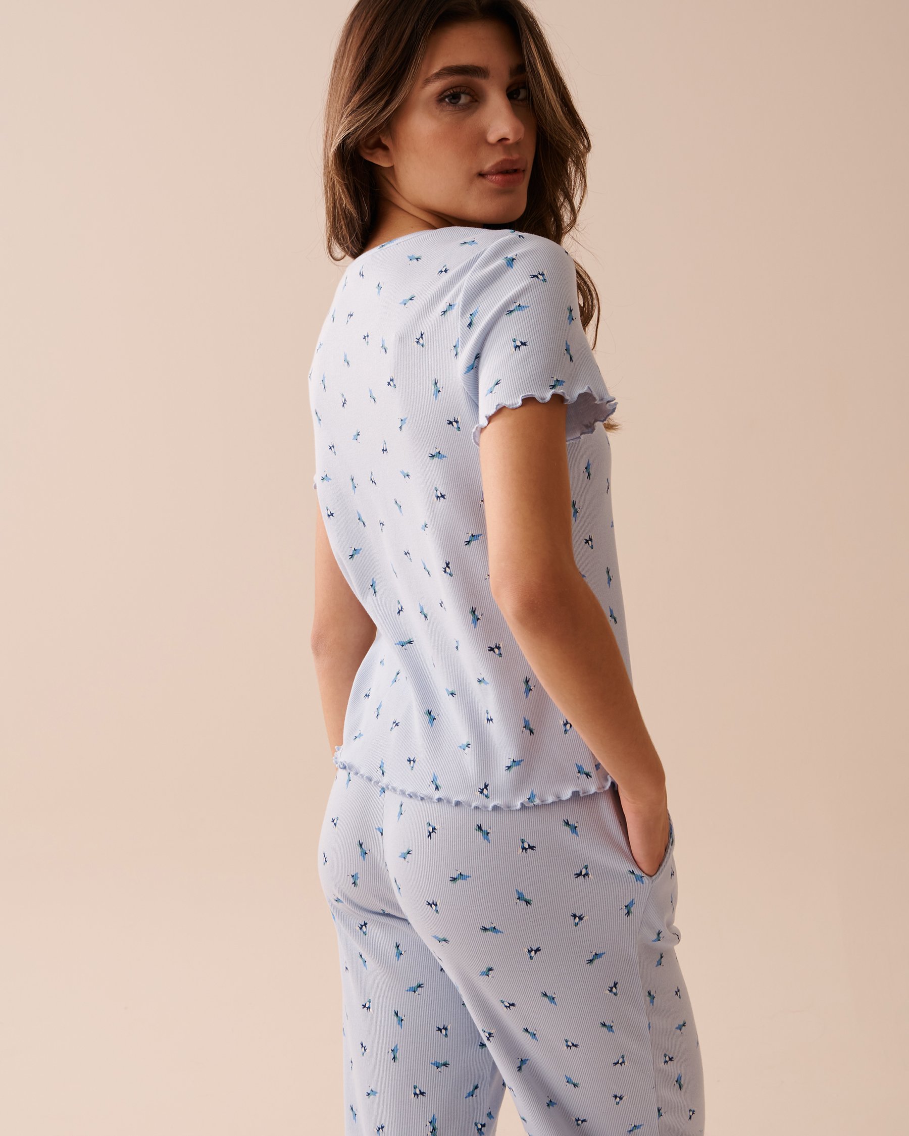 LA VIE EN ROSE T-shirt col en V côtelé bordures frisons Petits oiseaux 40100547 - View2