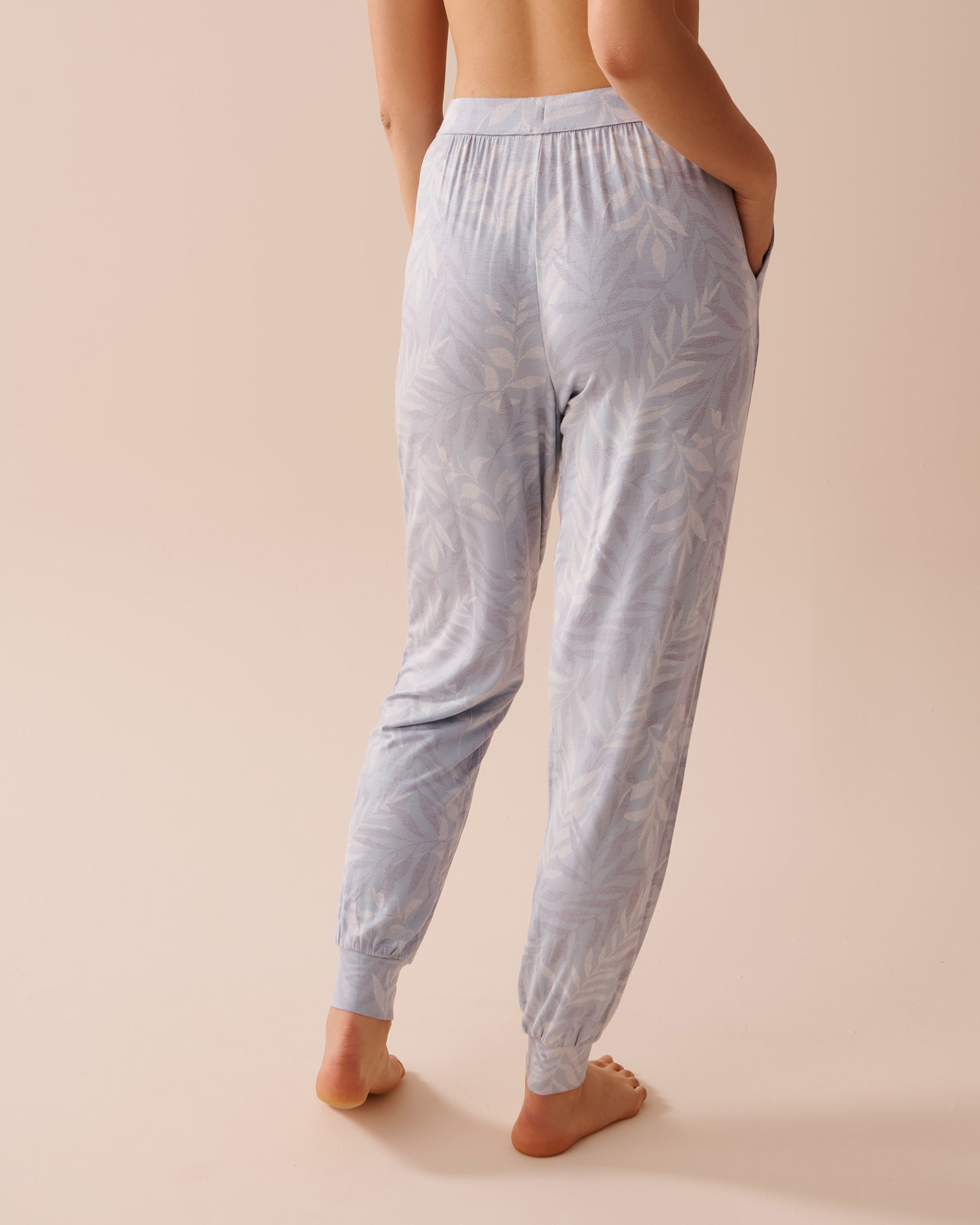 LA VIE EN ROSE Soft Jersey Jogger Pajama Pants Light Blue Leaves 40200562 - View2