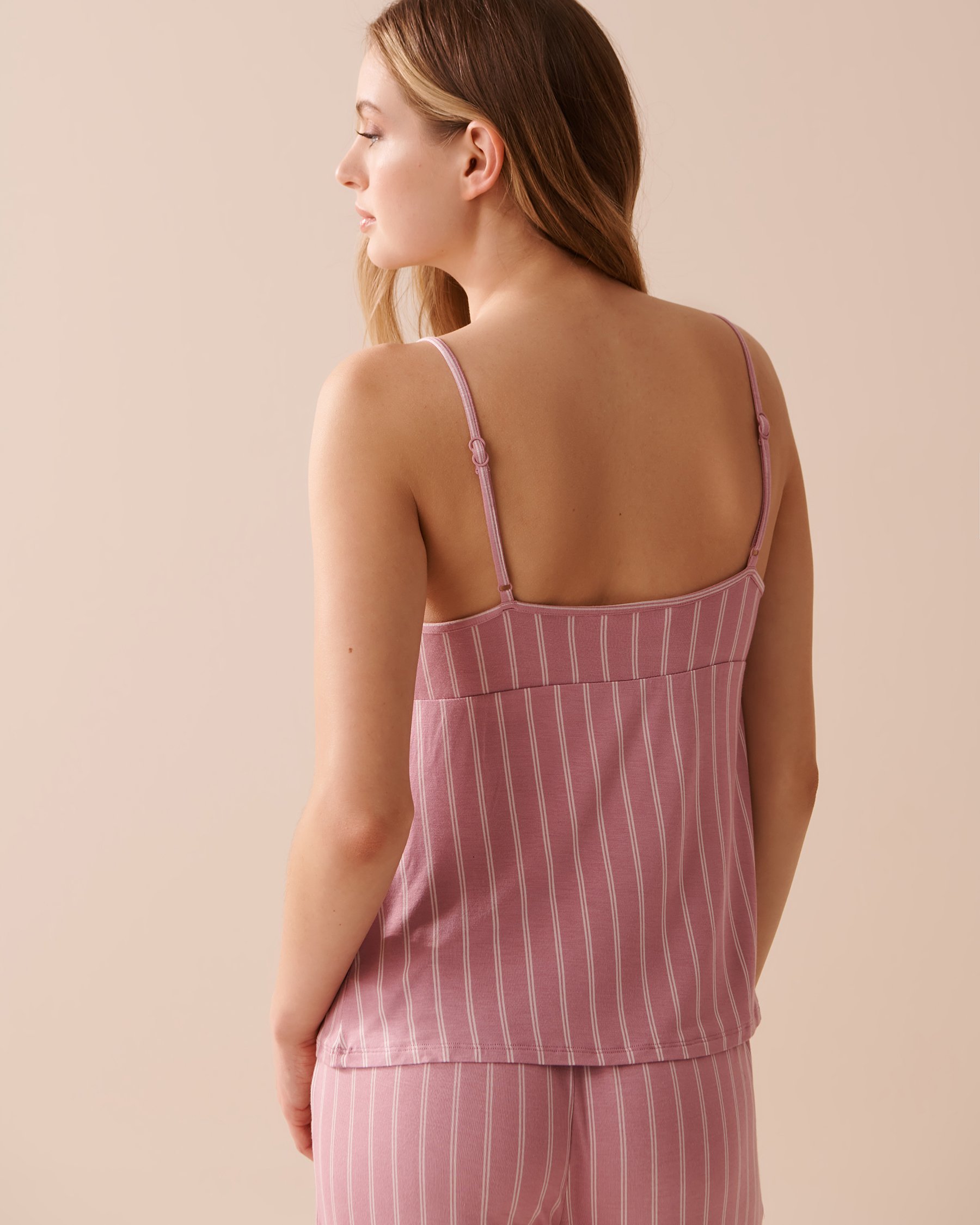 LA VIE EN ROSE Camisole bordure de dentelle en jersey doux Rayures roses 40100568 - View2