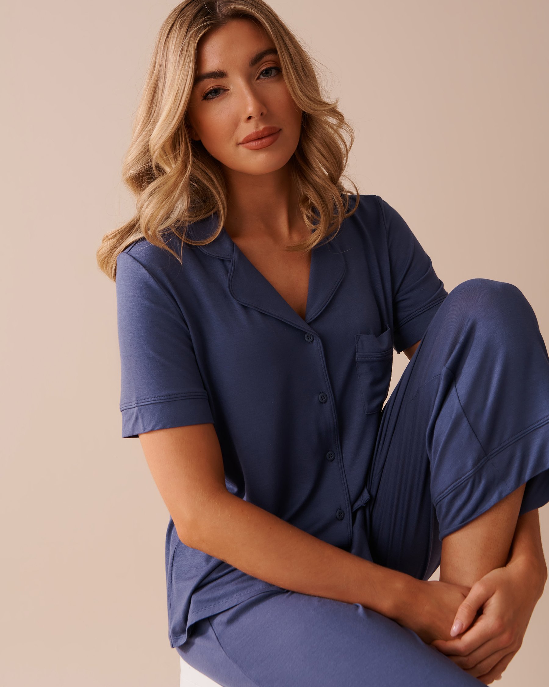 LA VIE EN ROSE Soft Jersey Short Sleeve Button-down Shirt Midnight blue 40100570 - View1