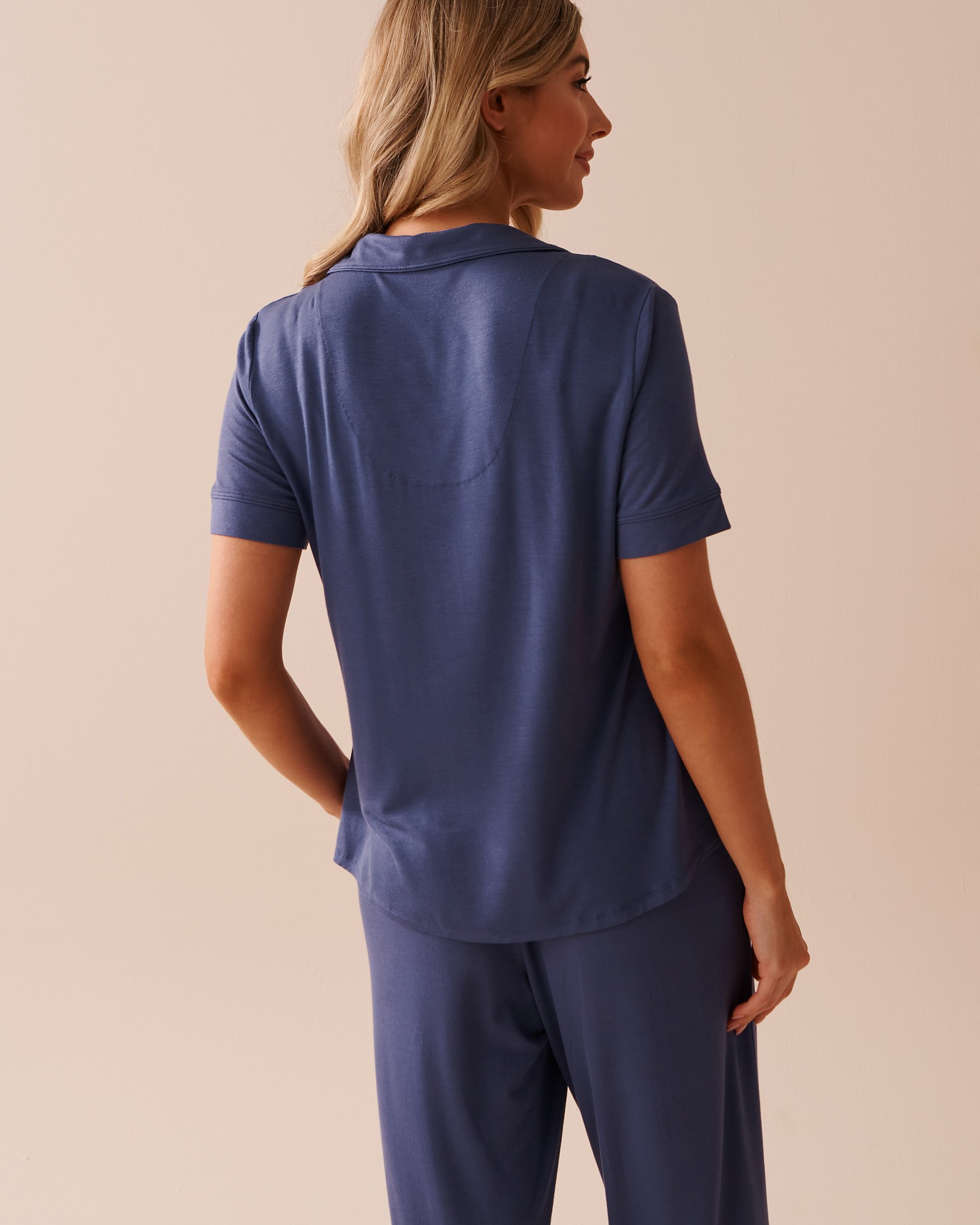 LA VIE EN ROSE Soft Jersey Short Sleeve Button-down Shirt Midnight blue 40100570 - View2