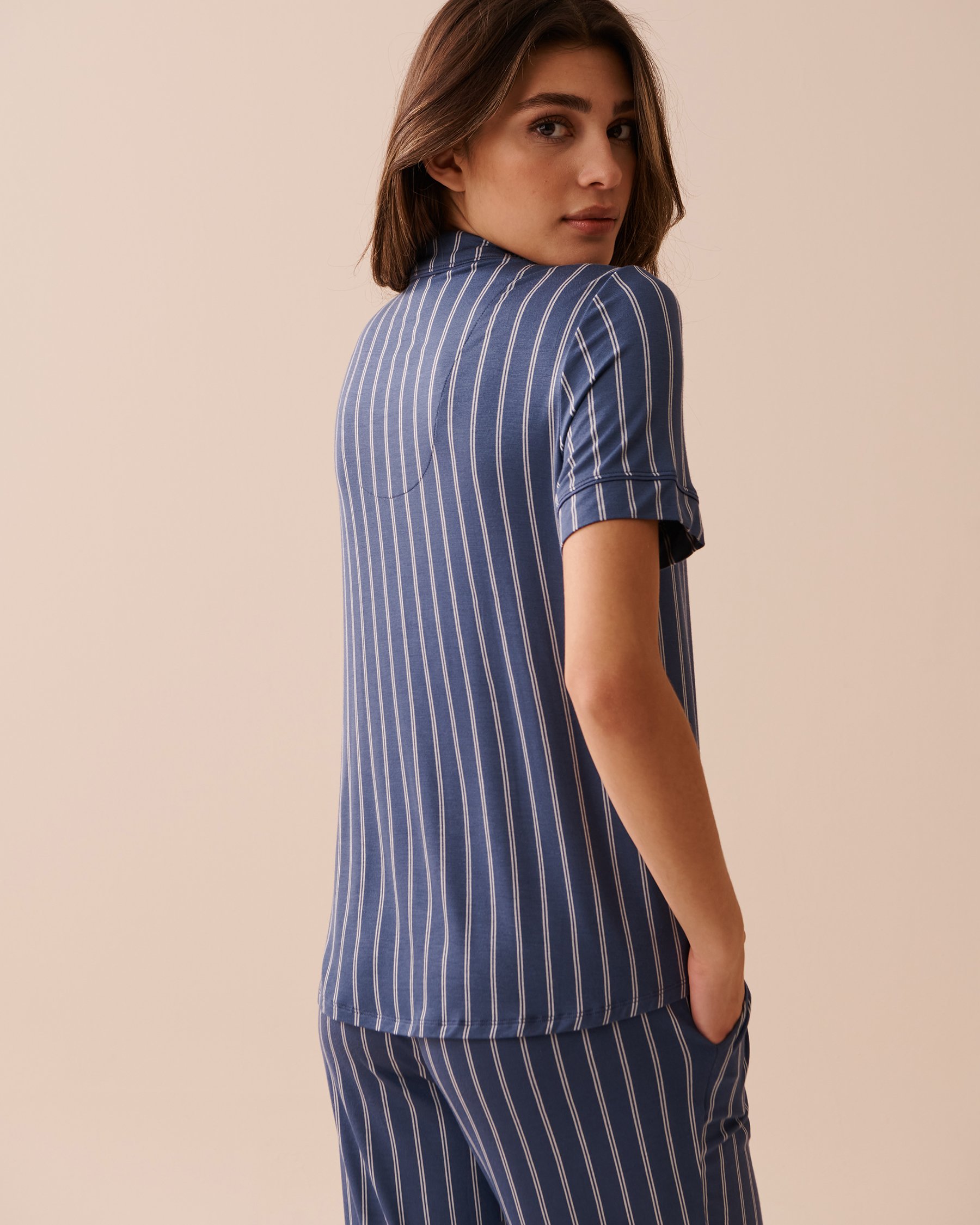 LA VIE EN ROSE Soft Jersey Short Sleeve Button-down Shirt Navy Stripes 40100570 - View2