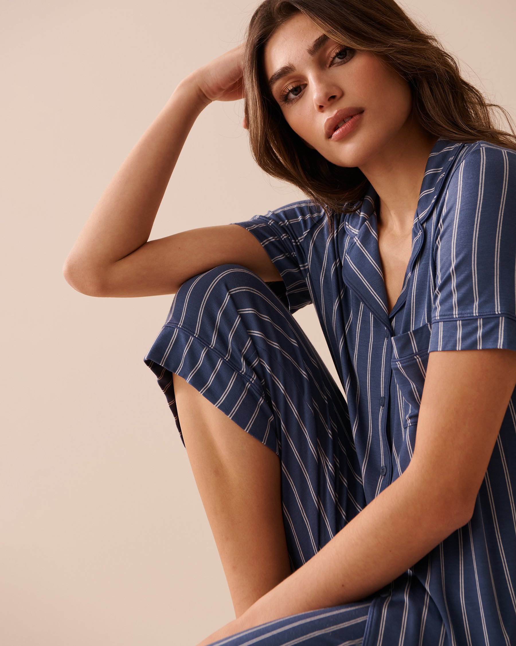 LA VIE EN ROSE Soft Jersey Short Sleeve Button-down Shirt Navy Stripes 40100570 - View3