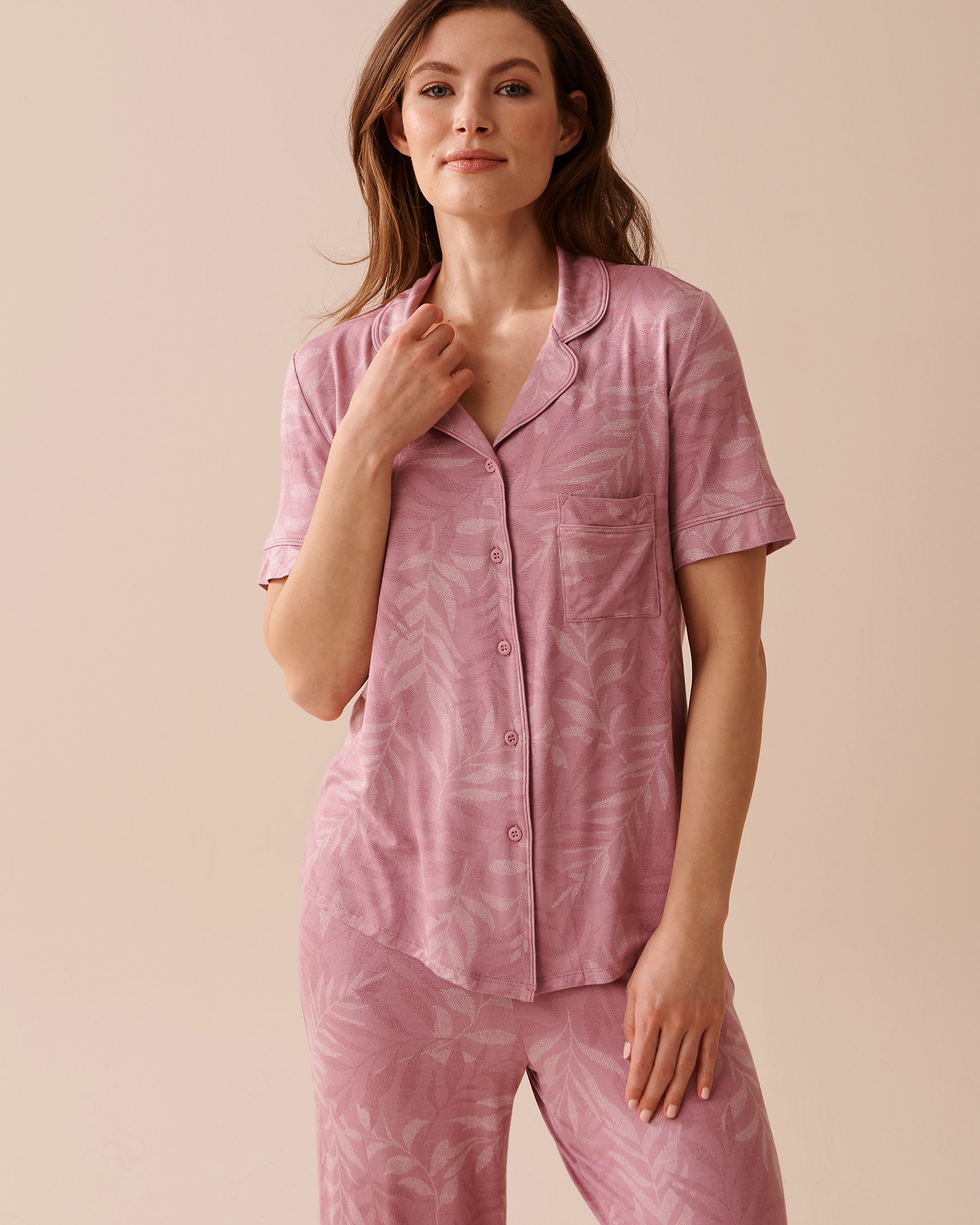 LA VIE EN ROSE Soft Jersey Short Sleeve Button-down Shirt Pink Leaves 40100570 - View1