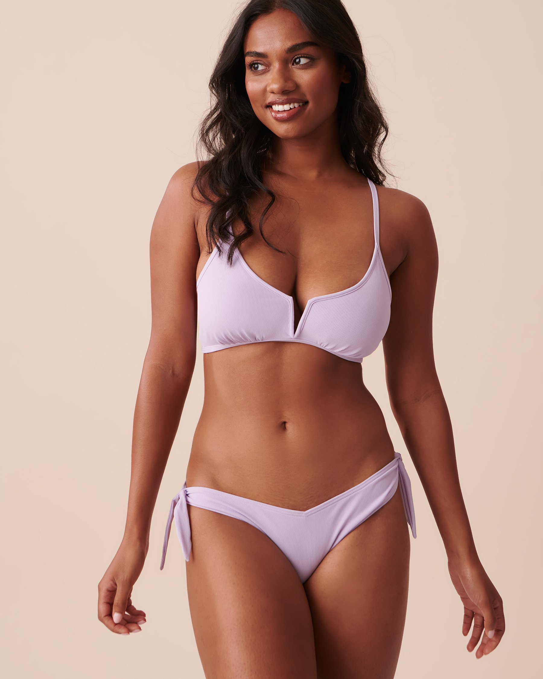 LA VIE EN ROSE AQUA TEXTURED PASTEL Side Tie V-cut Brazilian Bikini Bottom Pastel Lilac 70300534 - View3