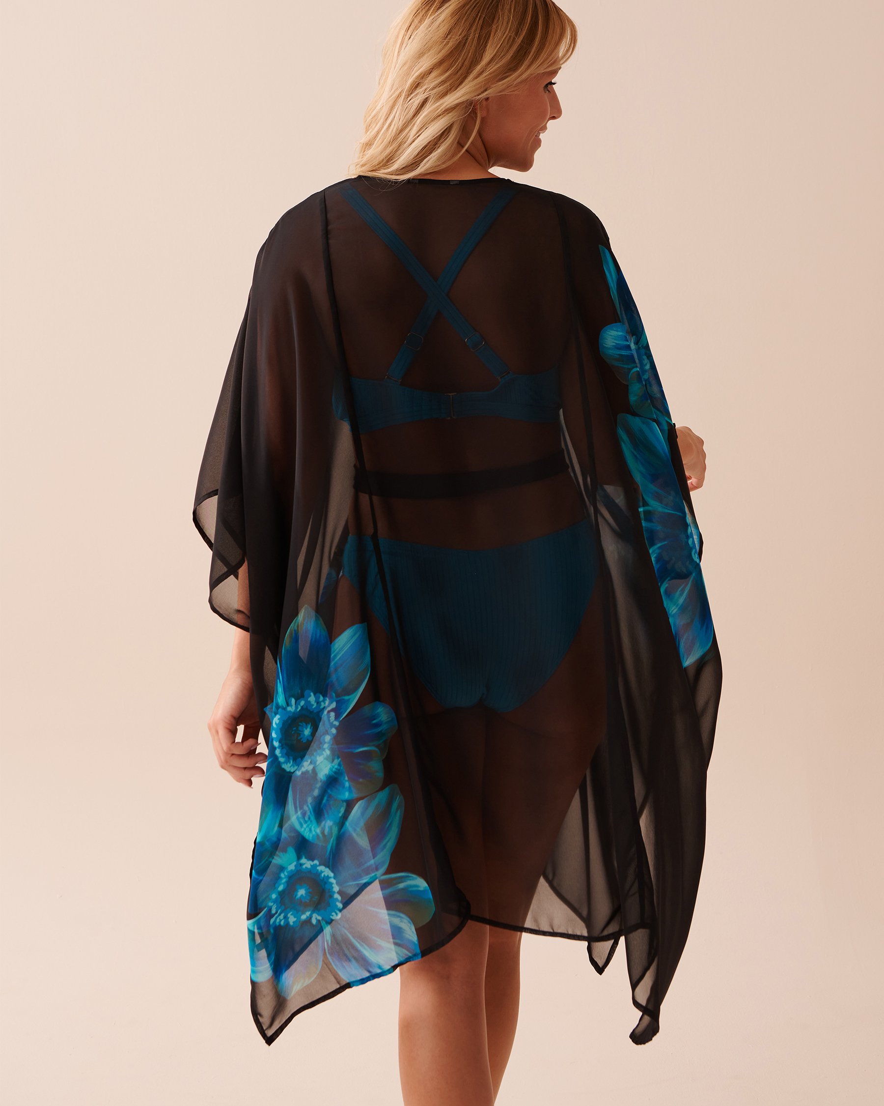 LA VIE EN ROSE AQUA Printed Chiffon Cut-out Caftan Aqua Blooms 80400052 - View2