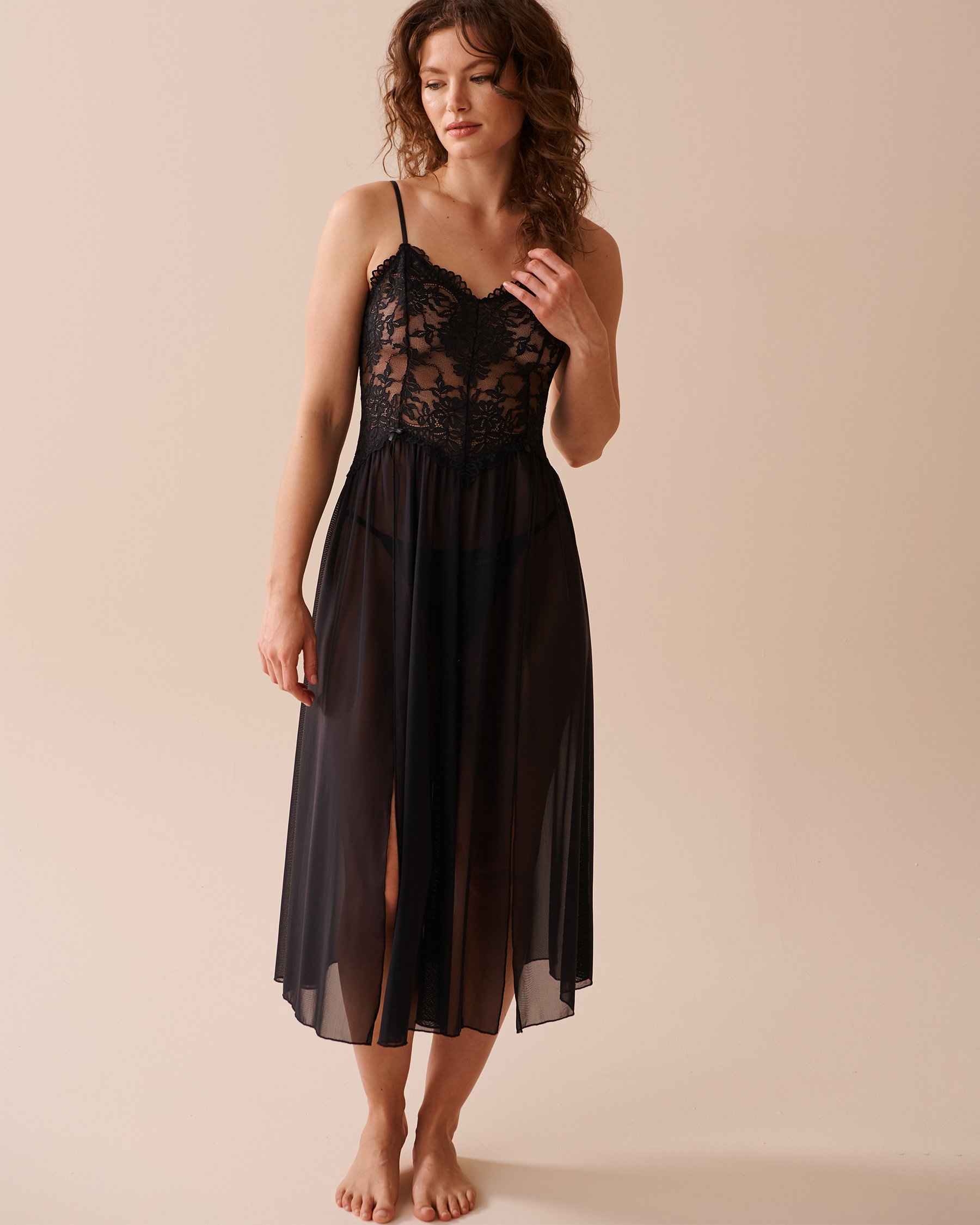 LA VIE EN ROSE Long Lace and Mesh Nightie Black 60500145 - View3