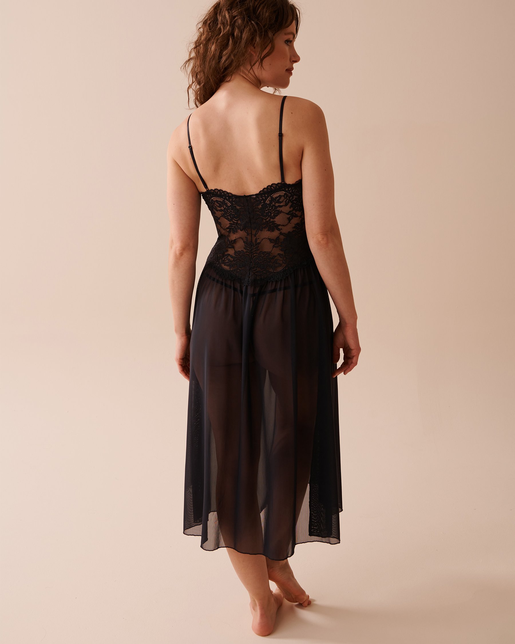 LA VIE EN ROSE Long Lace and Mesh Nightie Black 60500145 - View2