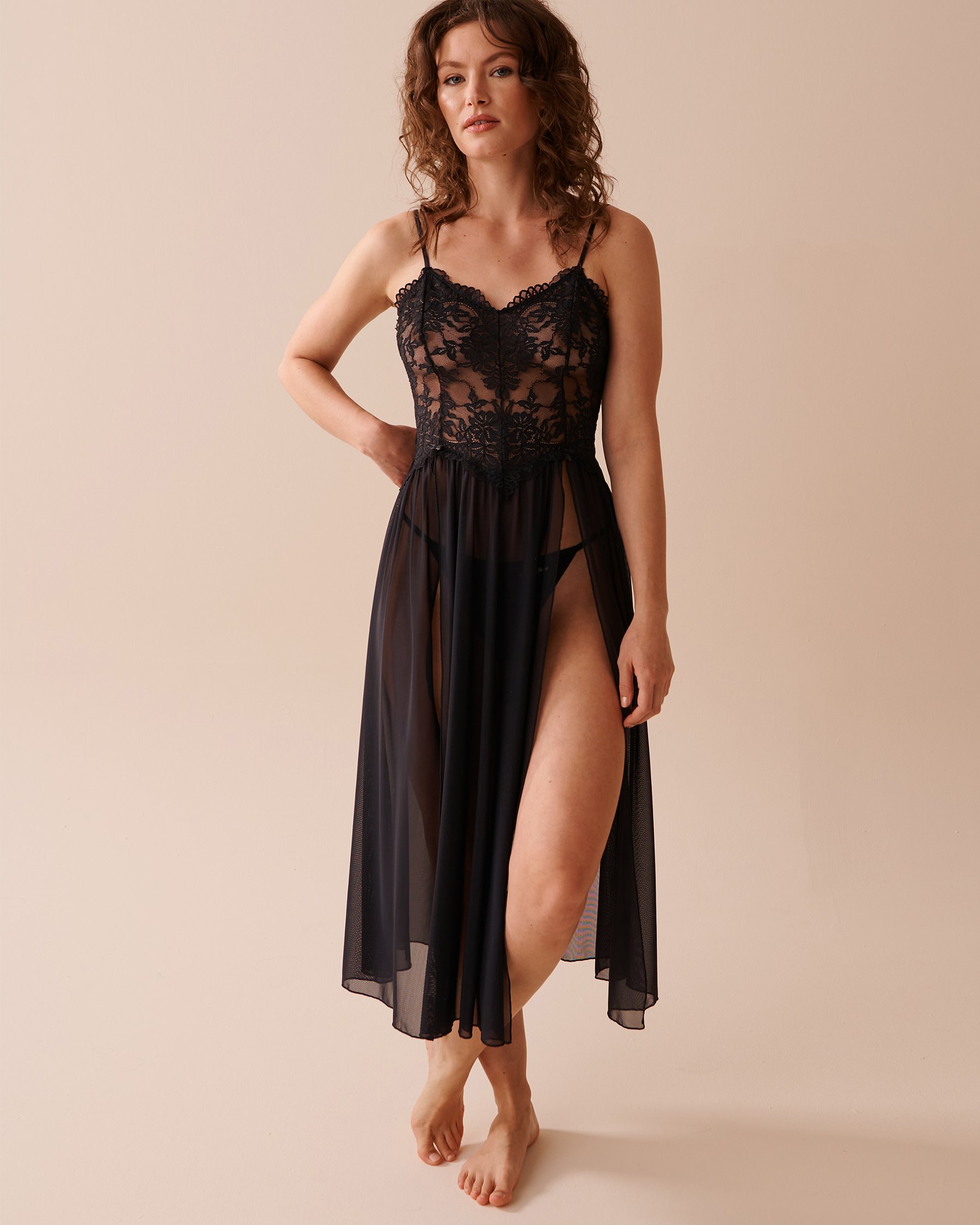 LA VIE EN ROSE Long Lace and Mesh Nightie Black 60500145 - View6