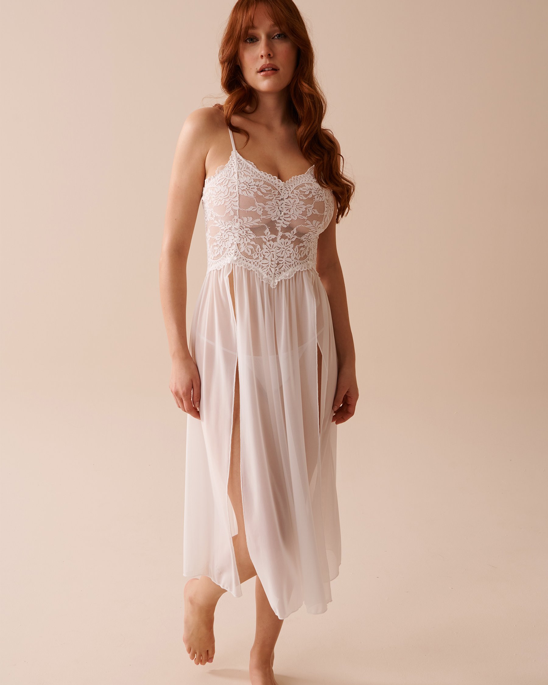 LA VIE EN ROSE Long Lace and Mesh Nightie White 60500145 - View3