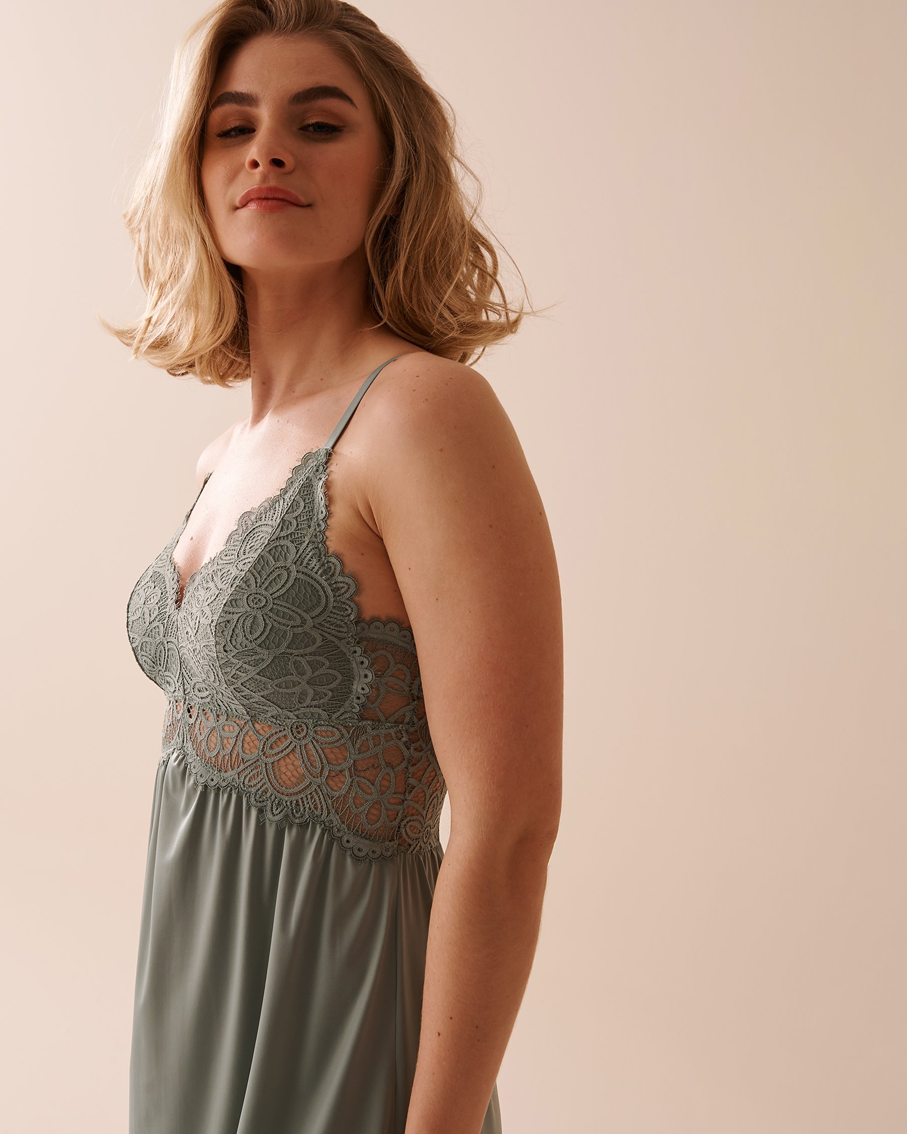 LA VIE EN ROSE Lace Overlay Nightie Olive Green 60500148 - View3