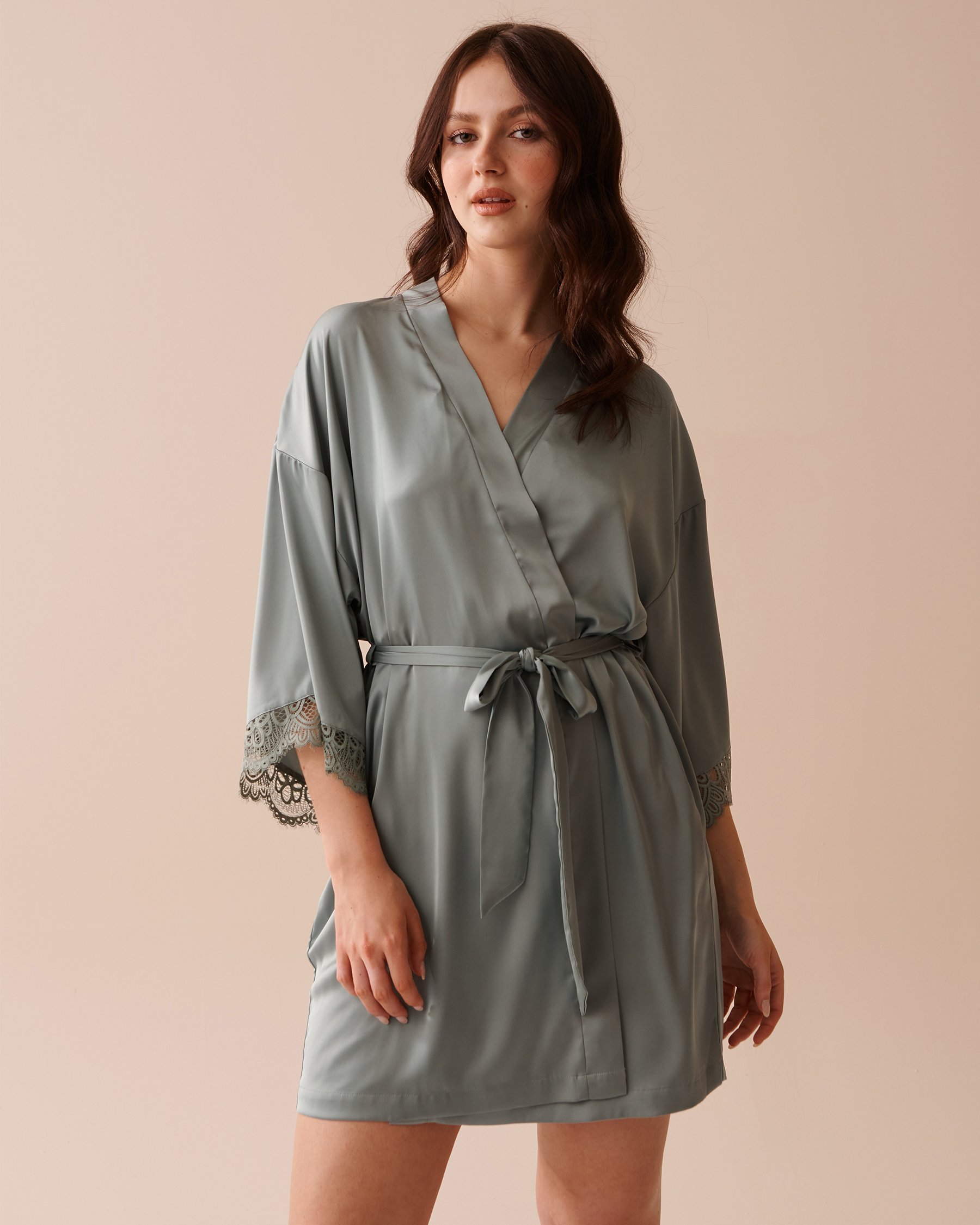 LA VIE EN ROSE Lace Trim Satin Kimono Olive Green 60600073 - View2