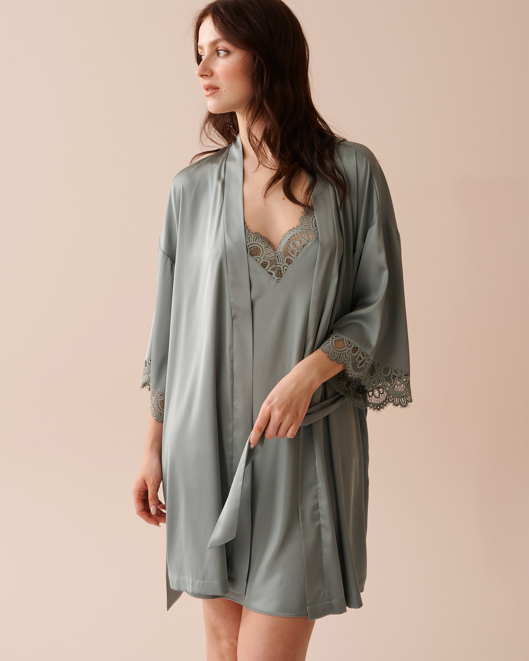 LA VIE EN ROSE Lace Trim Satin Kimono Olive Green 60600073 - View3