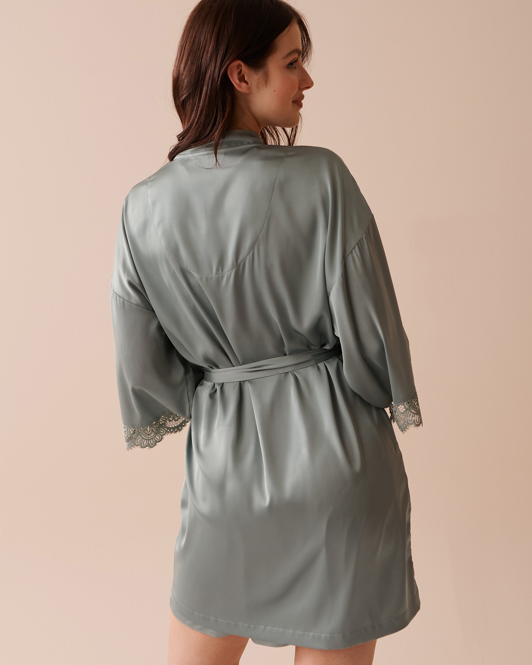 LA VIE EN ROSE Lace Trim Satin Kimono Olive Green 60600073 - View4