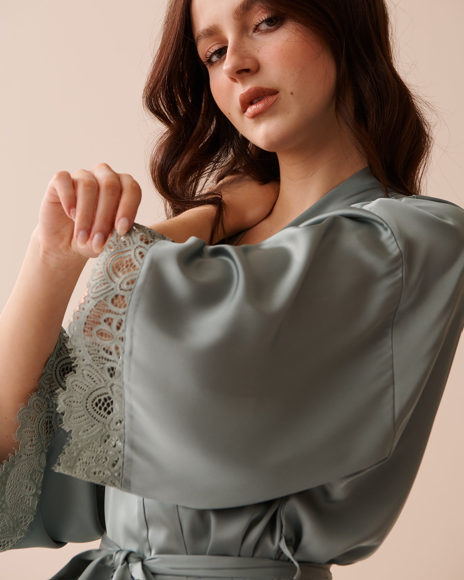 LA VIE EN ROSE Lace Trim Satin Kimono Olive Green 60600073 - View5