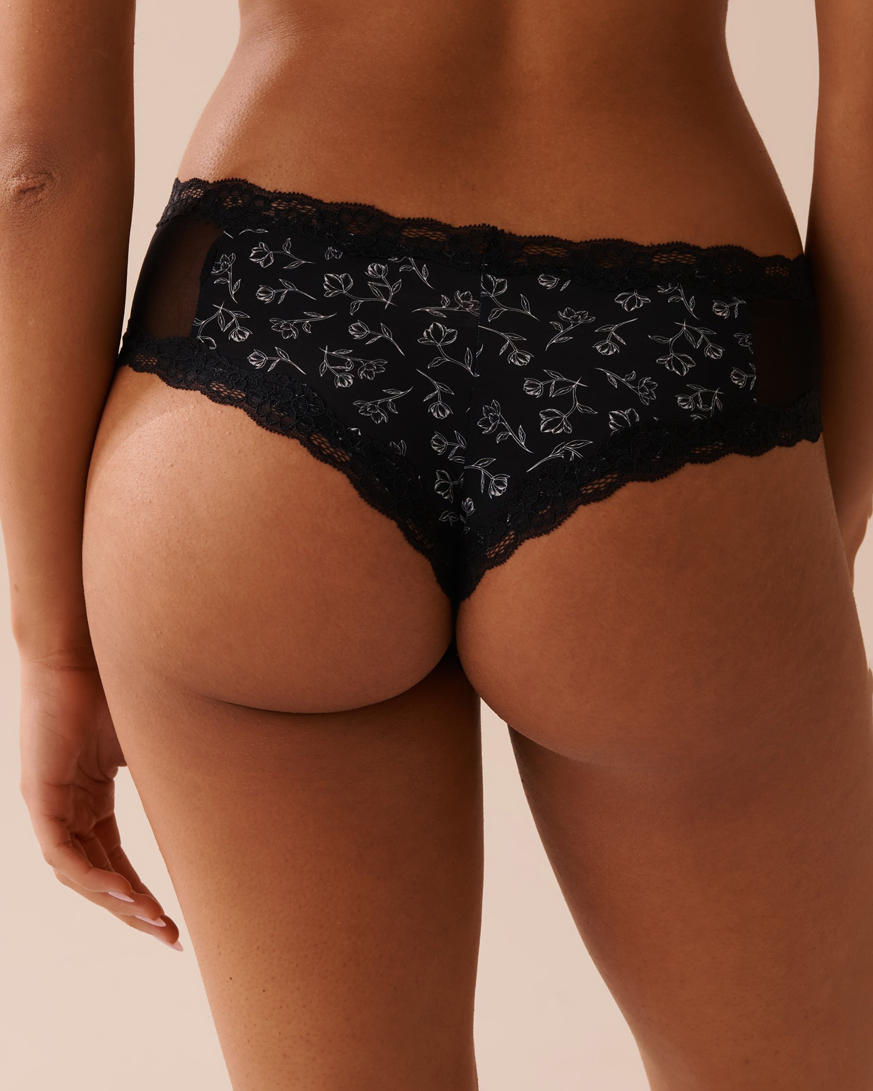 LA VIE EN ROSE Microfiber and Lace Trim Cheeky Panty Black & White Floral 20200492 - View2