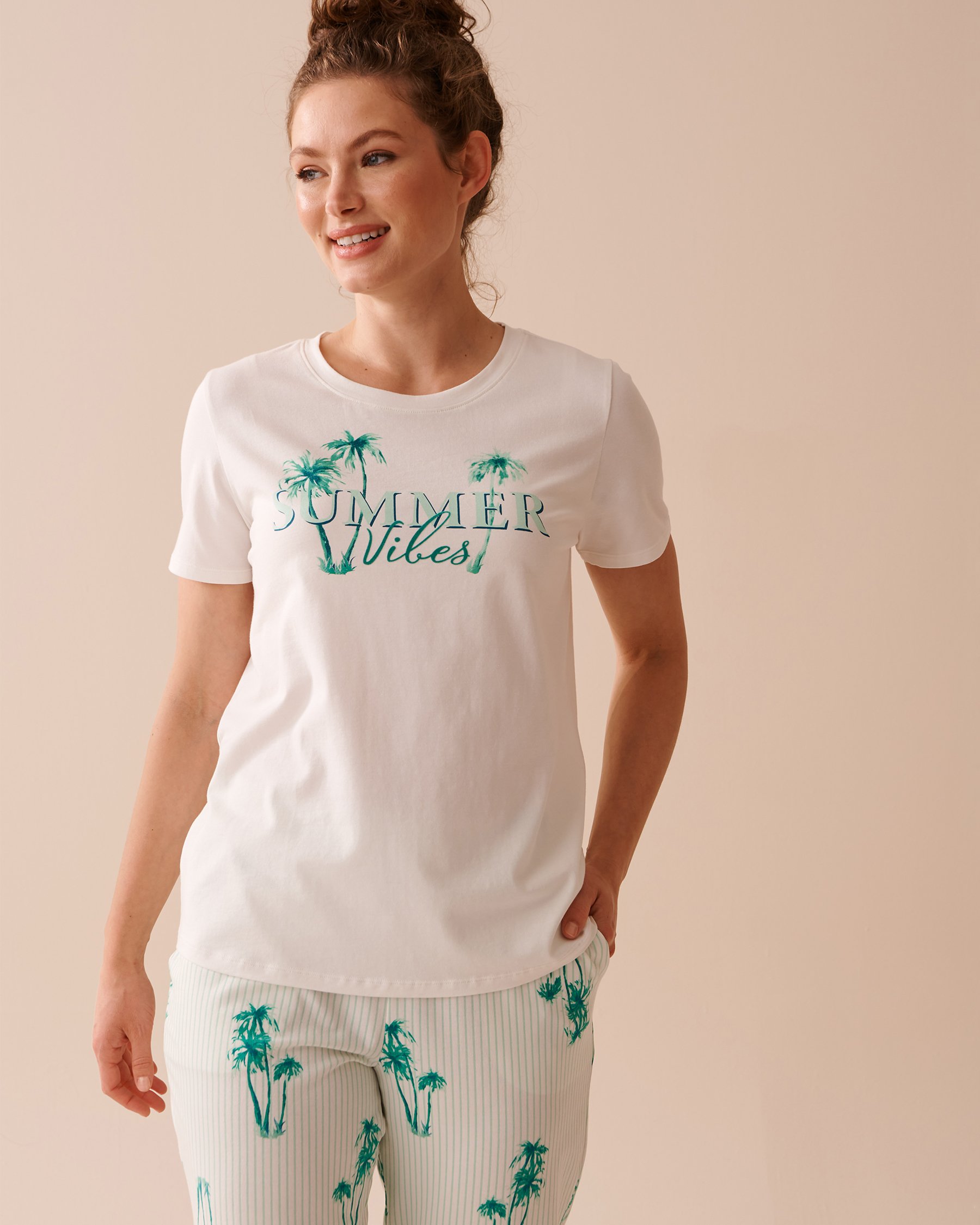 LA VIE EN ROSE Palm Tree Print Cotton Crew Neck T-shirt White 40100578 - View3