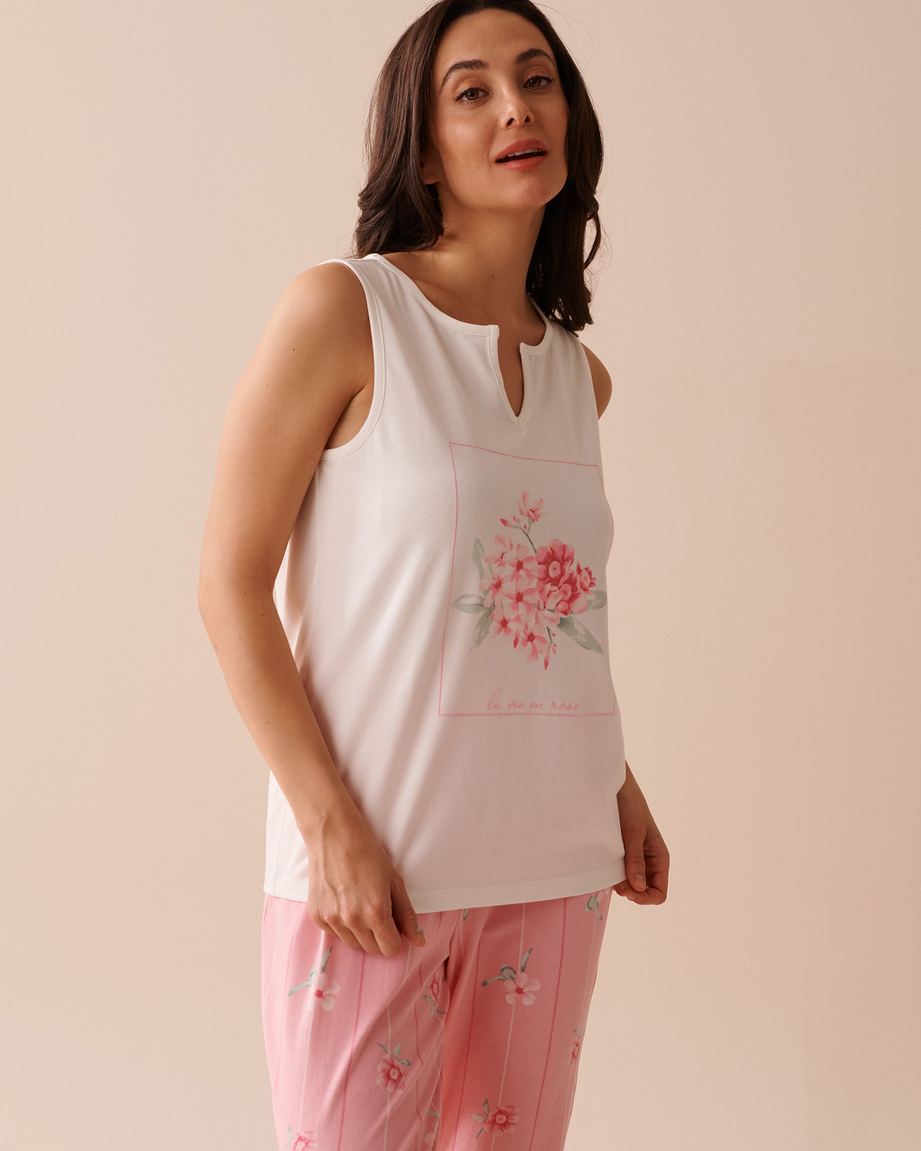 LA VIE EN ROSE Camisole en coton à fleurs roses Blanc 40100580 - View1