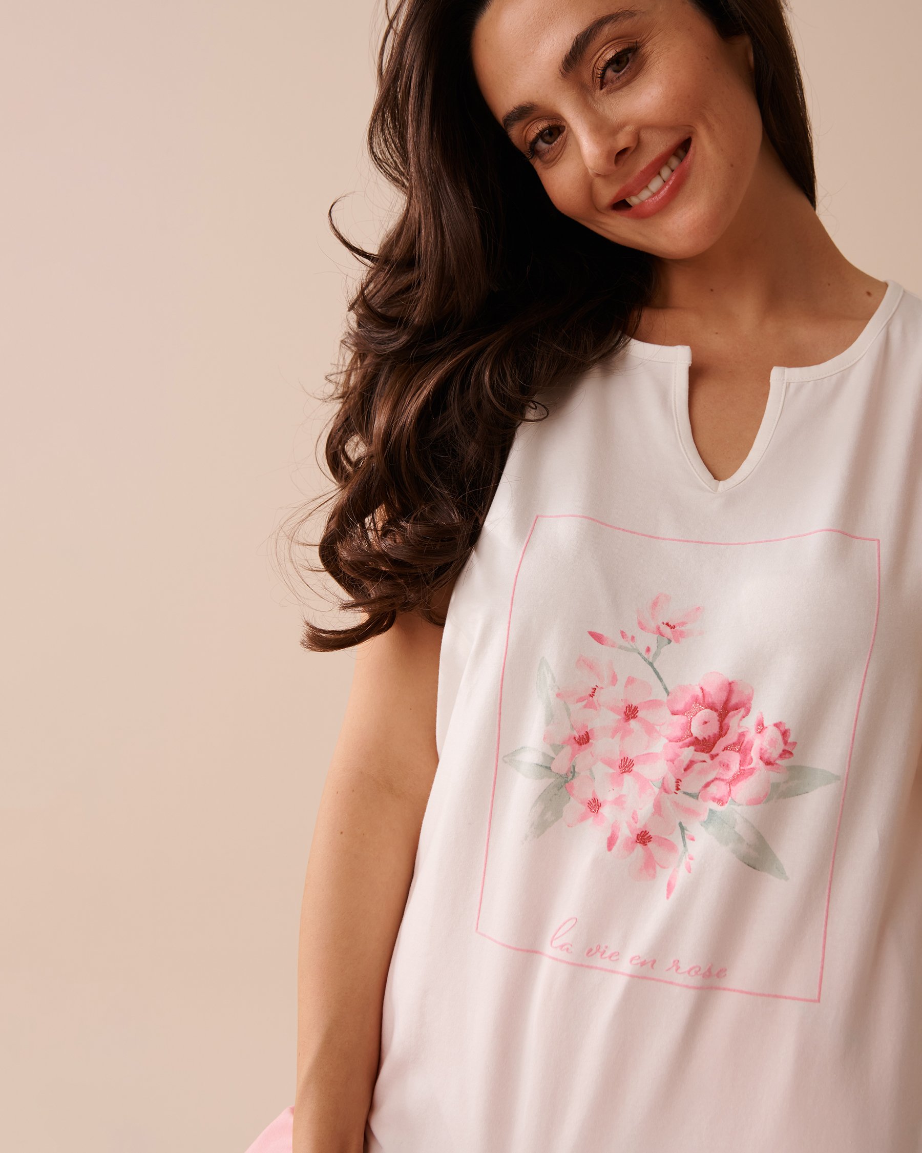 LA VIE EN ROSE Camisole en coton à fleurs roses Blanc 40100580 - View3