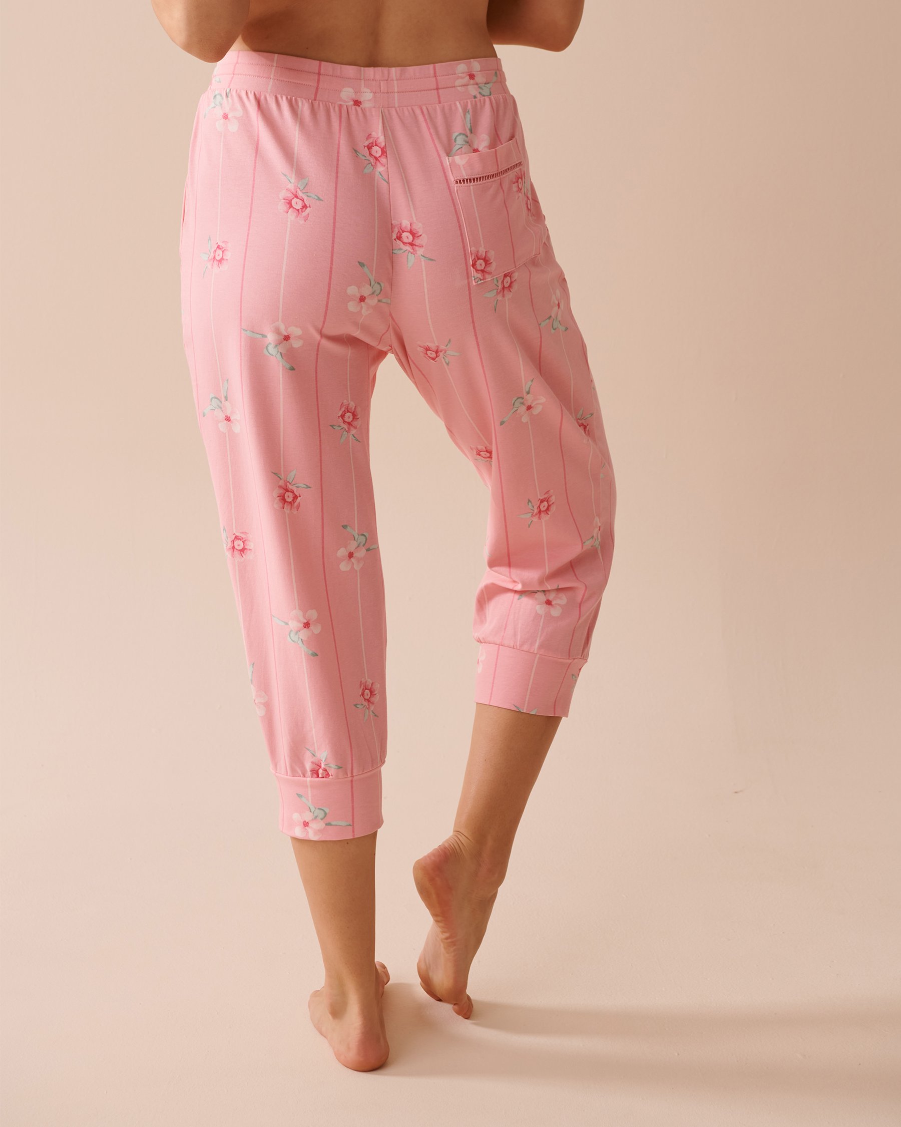 LA VIE EN ROSE Capri ajusté en coton à fleurs roses Fleurs et rayures roses 40200572 - Voir2