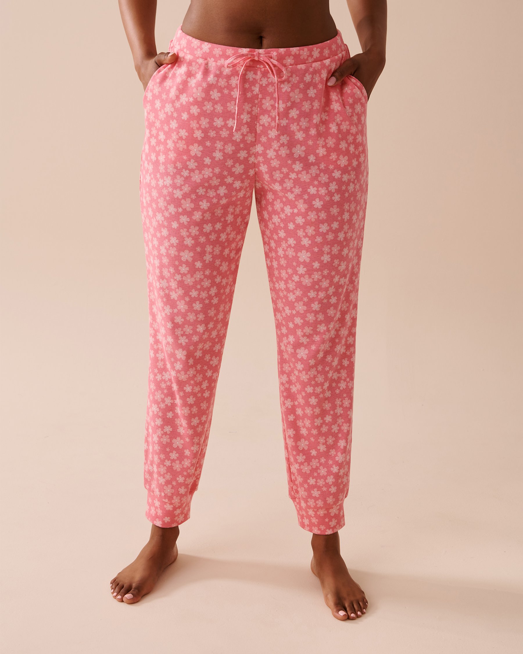 LA VIE EN ROSE Lettuce Edge Ribbed Jogger Pajama Pants Pink Flower Garden 40200578 - View3