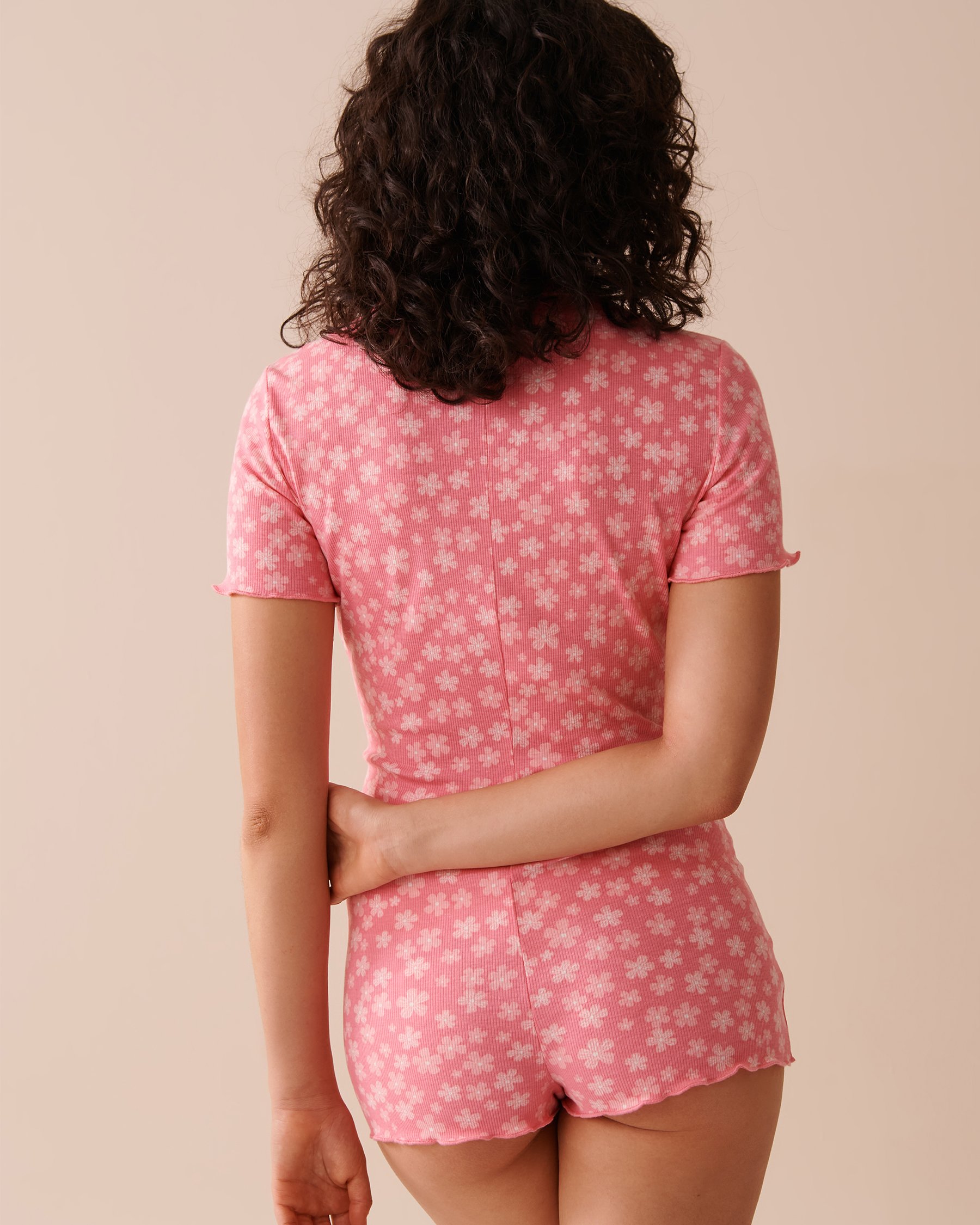 LA VIE EN ROSE Lettuce Edge Ribbed Romper Pink Flower Garden 40300045 - View2