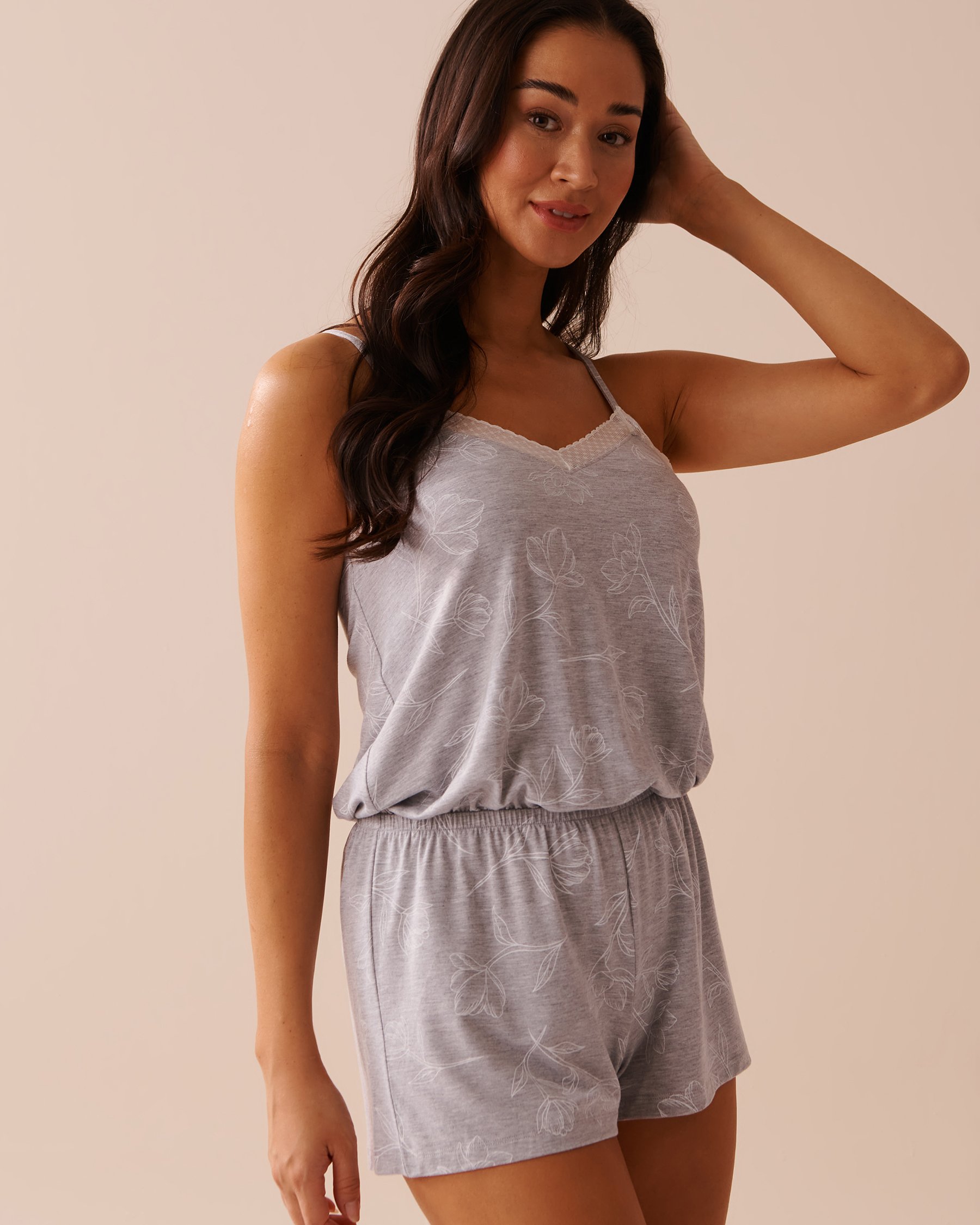LA VIE EN ROSE Lace Trim Modal Romper Grey & White Floral 40300046 - View3