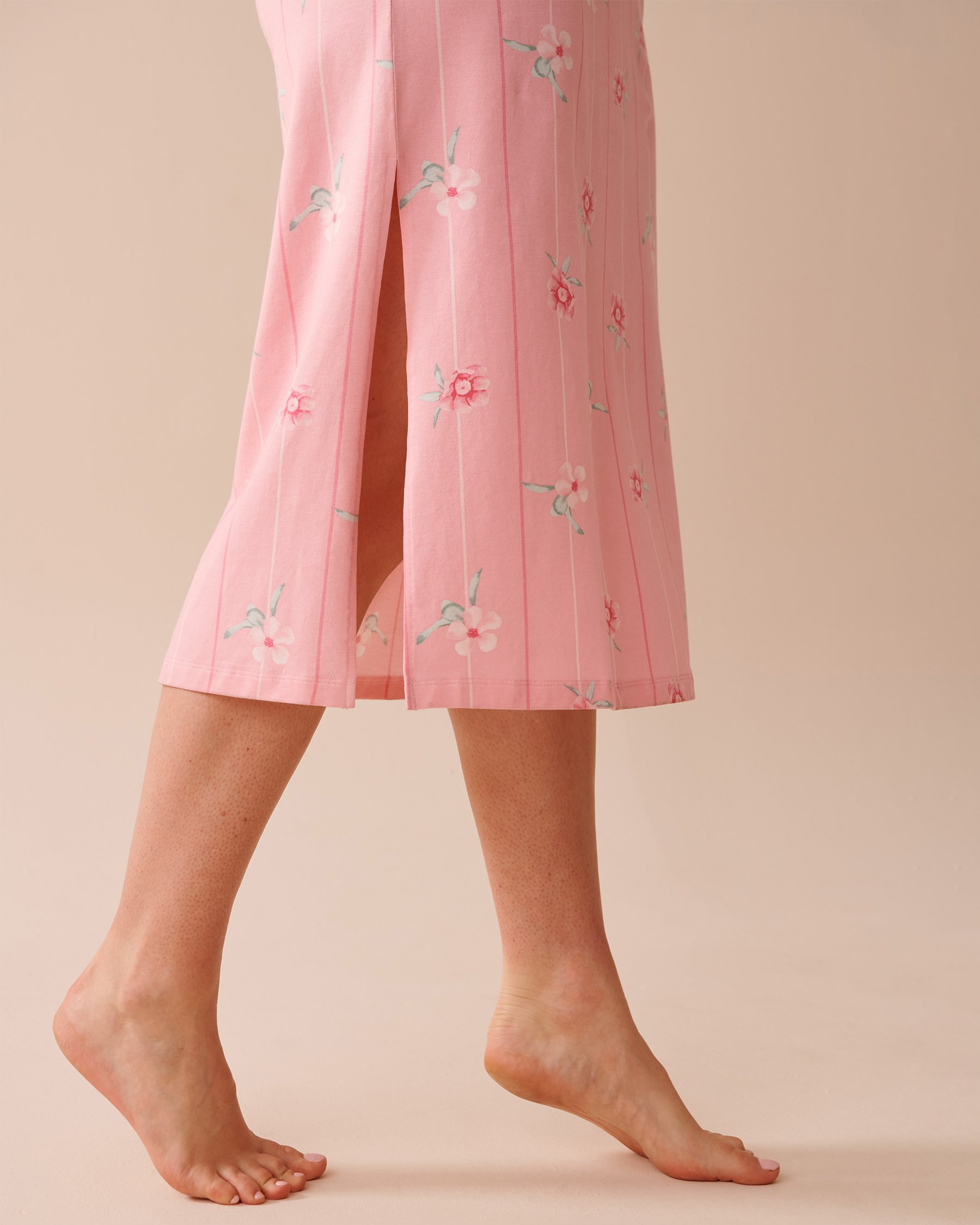 LA VIE EN ROSE Pink Floral Cotton Long Nightie Pink Flowers and Stripes 40500357 - View3