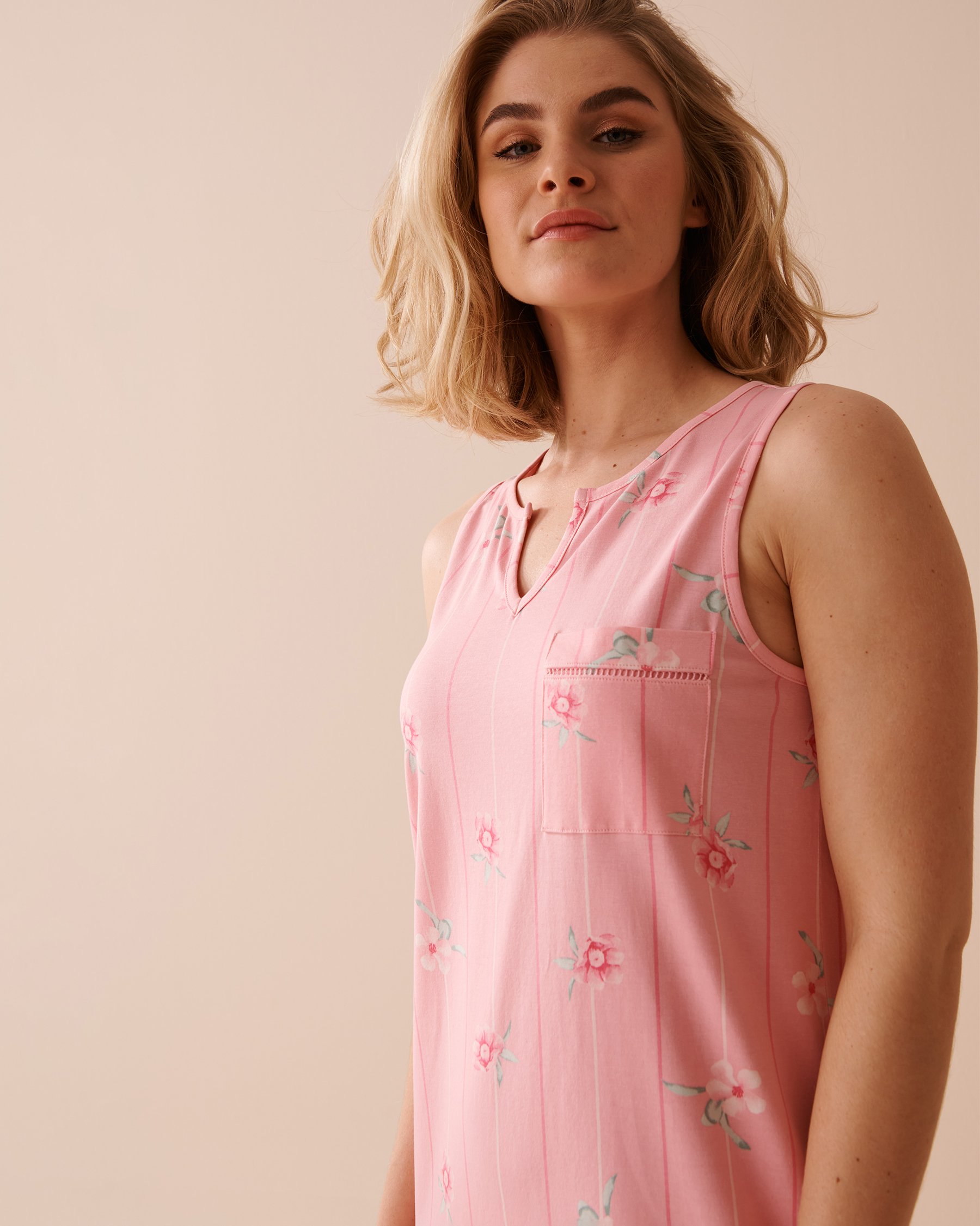 LA VIE EN ROSE Pink Floral Cotton Long Nightie Pink Flowers and Stripes 40500357 - View5