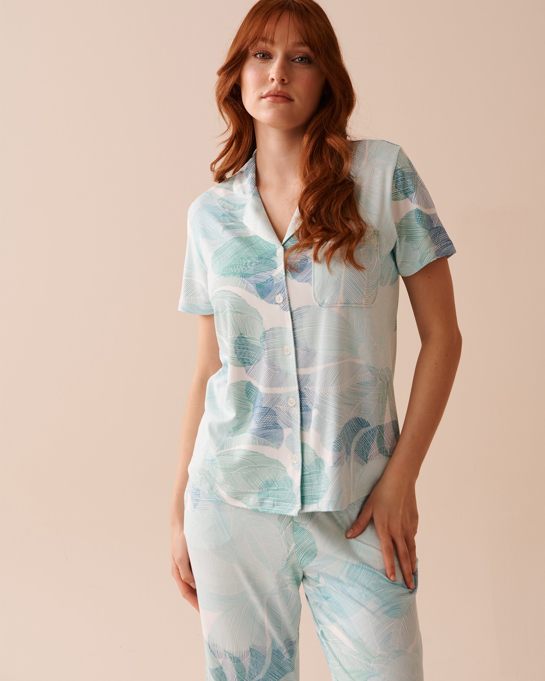 LA VIE EN ROSE Abstract Floral Print Super Soft Short Sleeve Shirt Blue Linear Garden 40100572 - View1