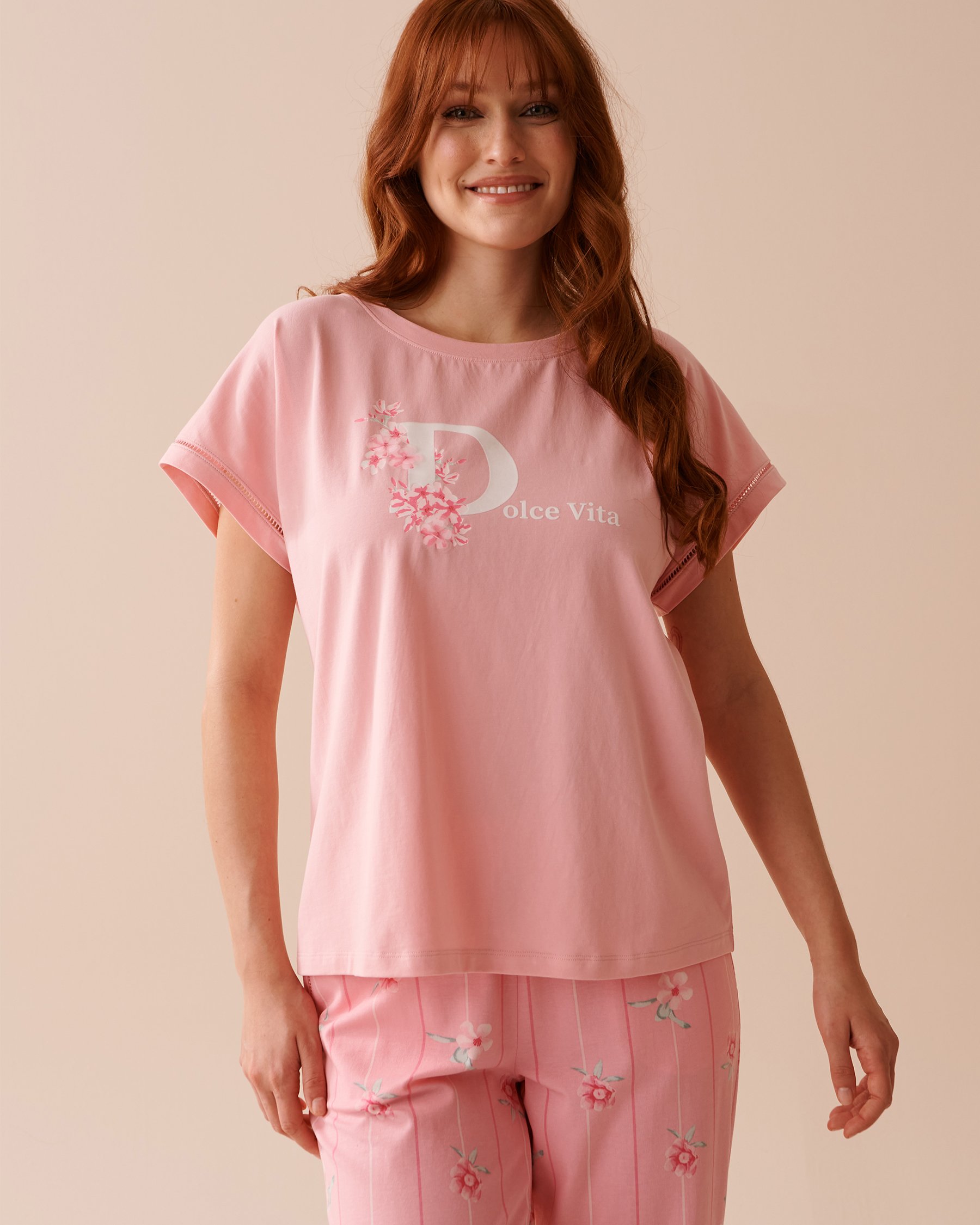 LA VIE EN ROSE Cotton Cap-Sleeve T-shirt Candy Pink 40100581 - View1