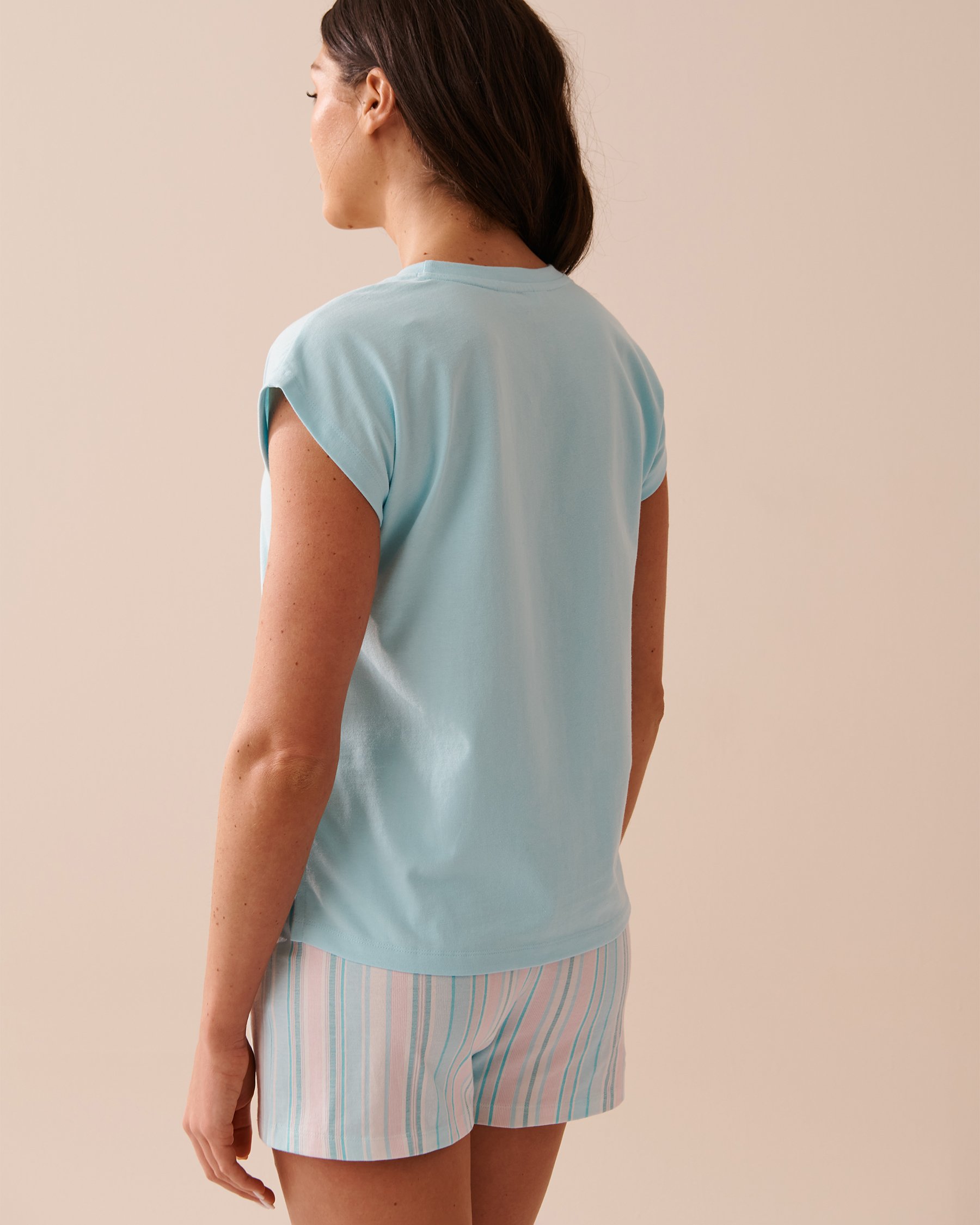 LA VIE EN ROSE Cotton Crew Neck T-shirt with Cap Sleeves Icy Blue 40100585 - View2