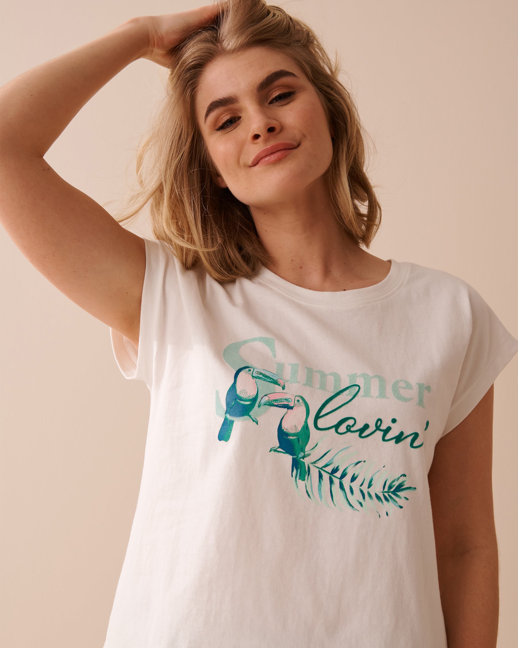 LA VIE EN ROSE Cotton Crew Neck T-shirt with Cap Sleeves White 40100585 - View3