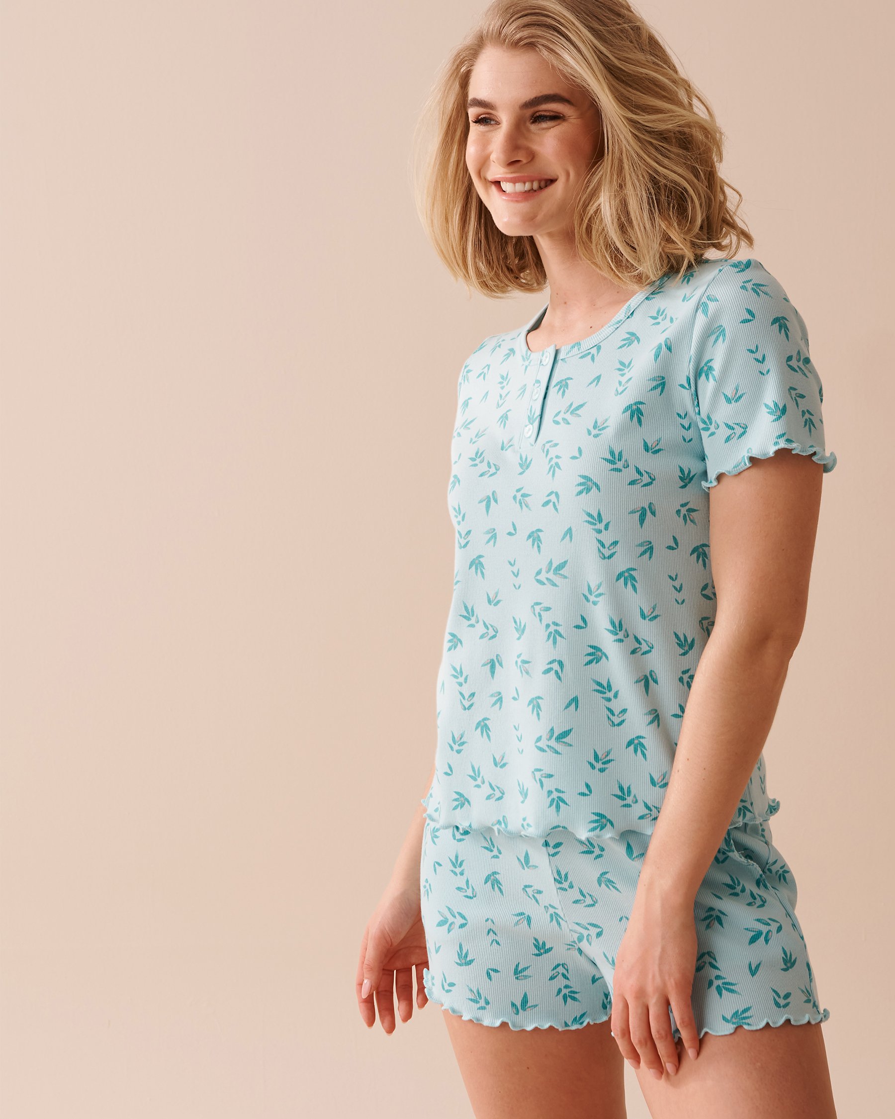 LA VIE EN ROSE T-shirt henley côtelé bordures frisons Feuilles marines 40100586 - View1