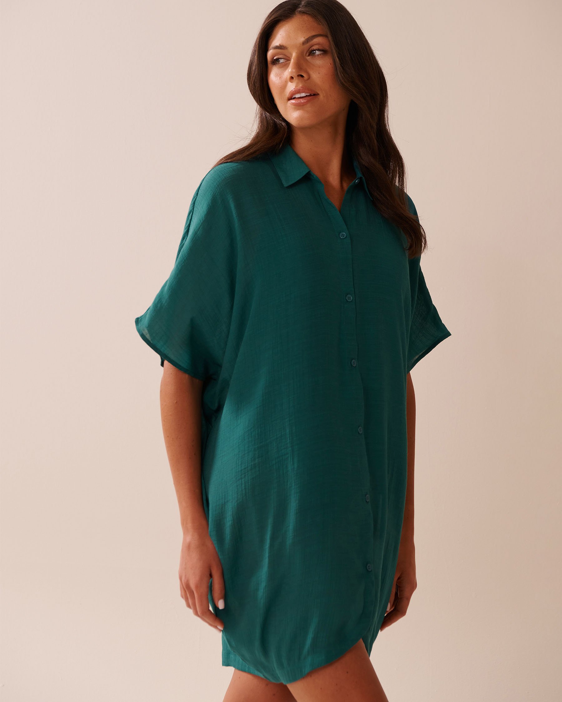 LA VIE EN ROSE AQUA Long Voile Shirt Teal Blue 80100034 - View1