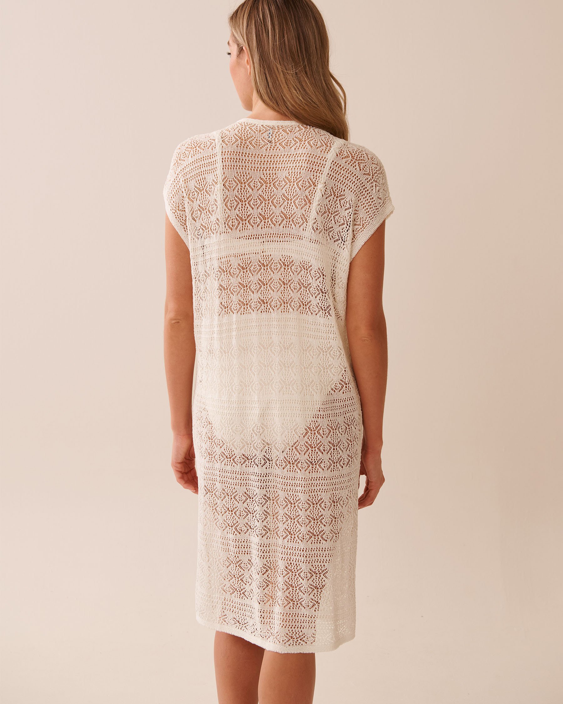 LA VIE EN ROSE AQUA Open-Front Crochet Caftan Coconut Milk 80400067 - View2