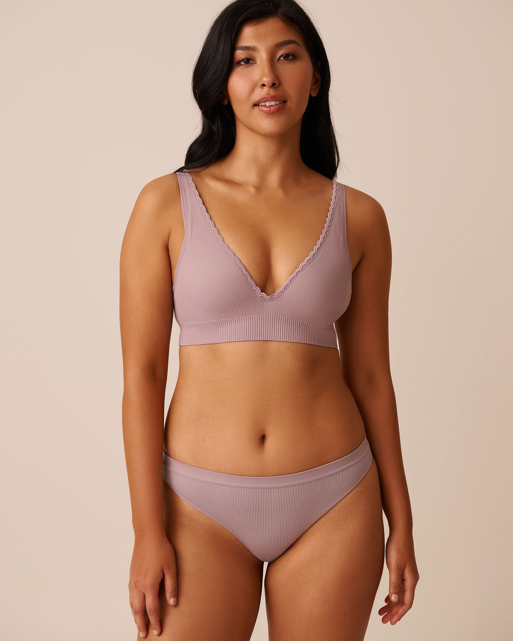 LA VIE EN ROSE Push-up Plunge Seamless Ribbed Bralette Pinkish Grey 10300205 - View1