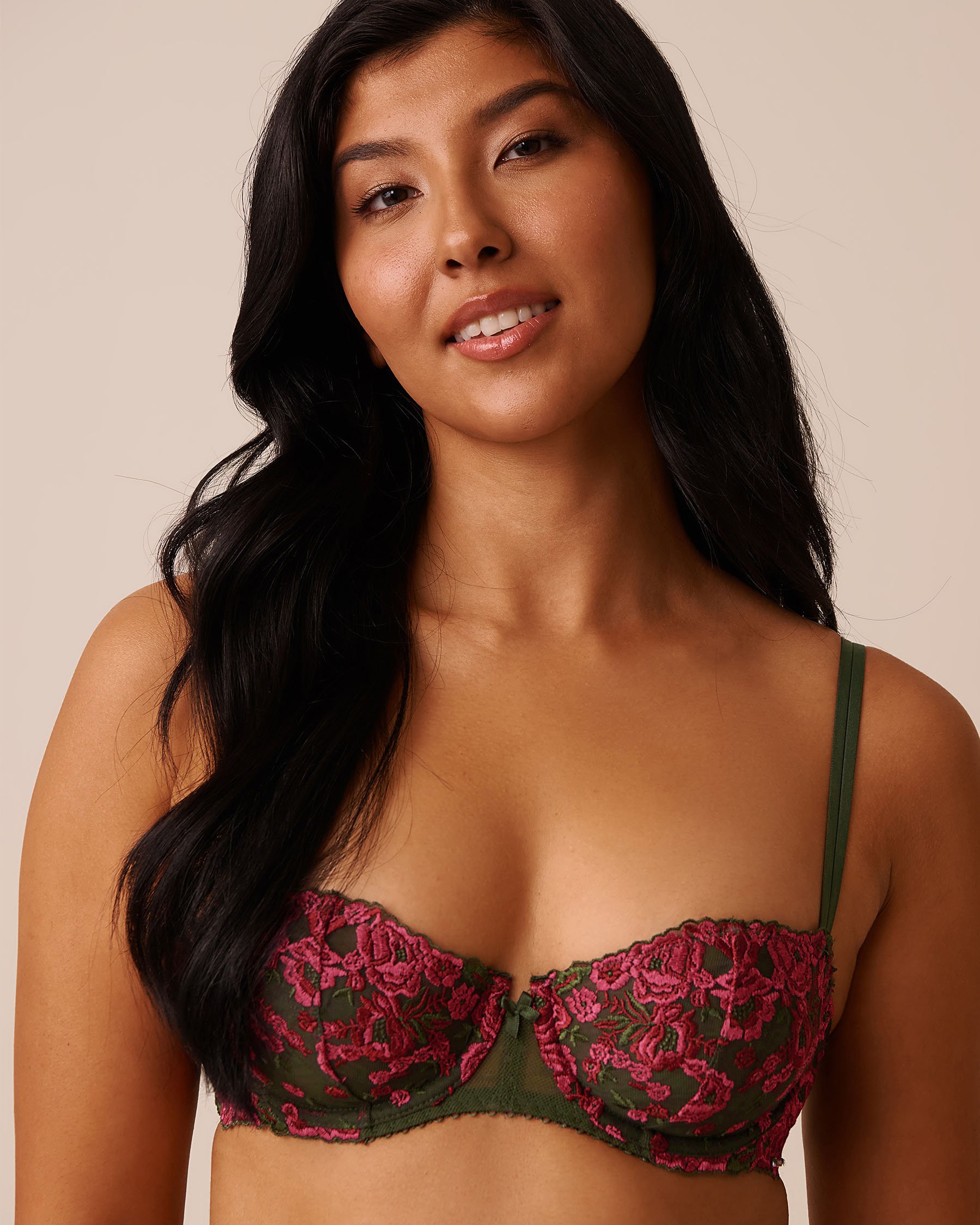 LA VIE EN ROSE Unlined Balconette Bra Green & Pink Floral 10100179 - View1