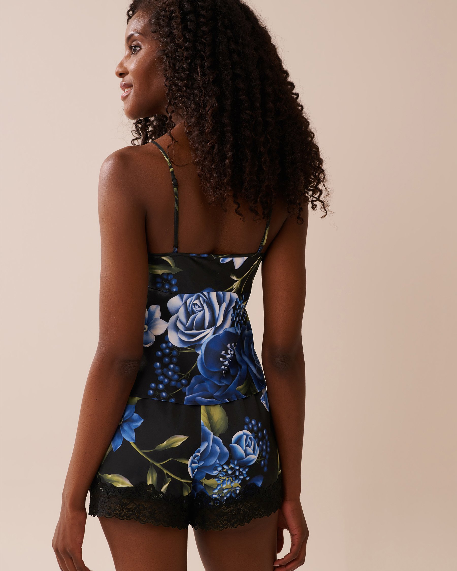 LA VIE EN ROSE Rose Print Satin and Lace Trim Open Front Cami Blue Rose Garden 60100142 - View3