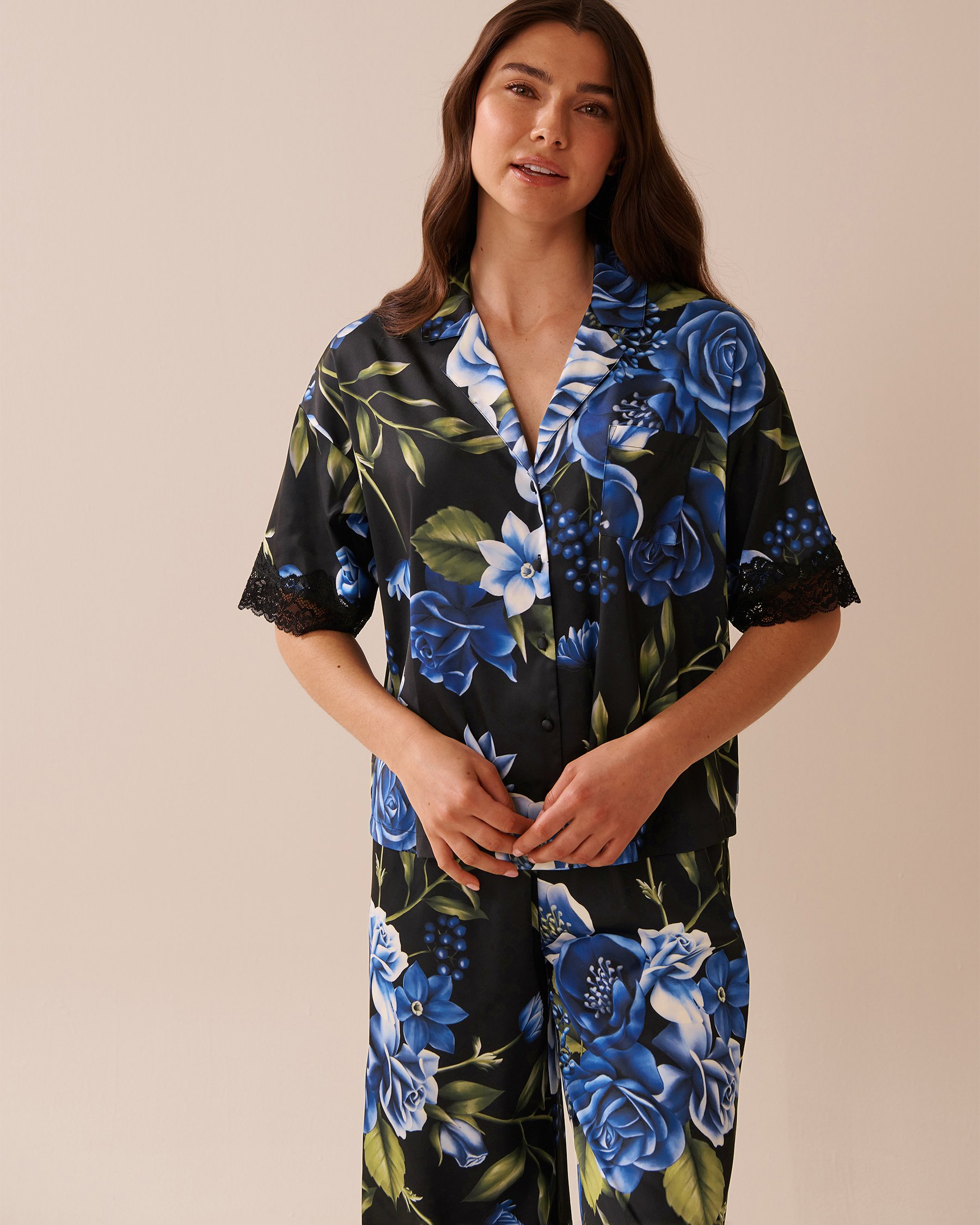 LA VIE EN ROSE Rose Print Satin and Lace Trim Button-down Shirt Blue Rose Garden 60100143 - View1