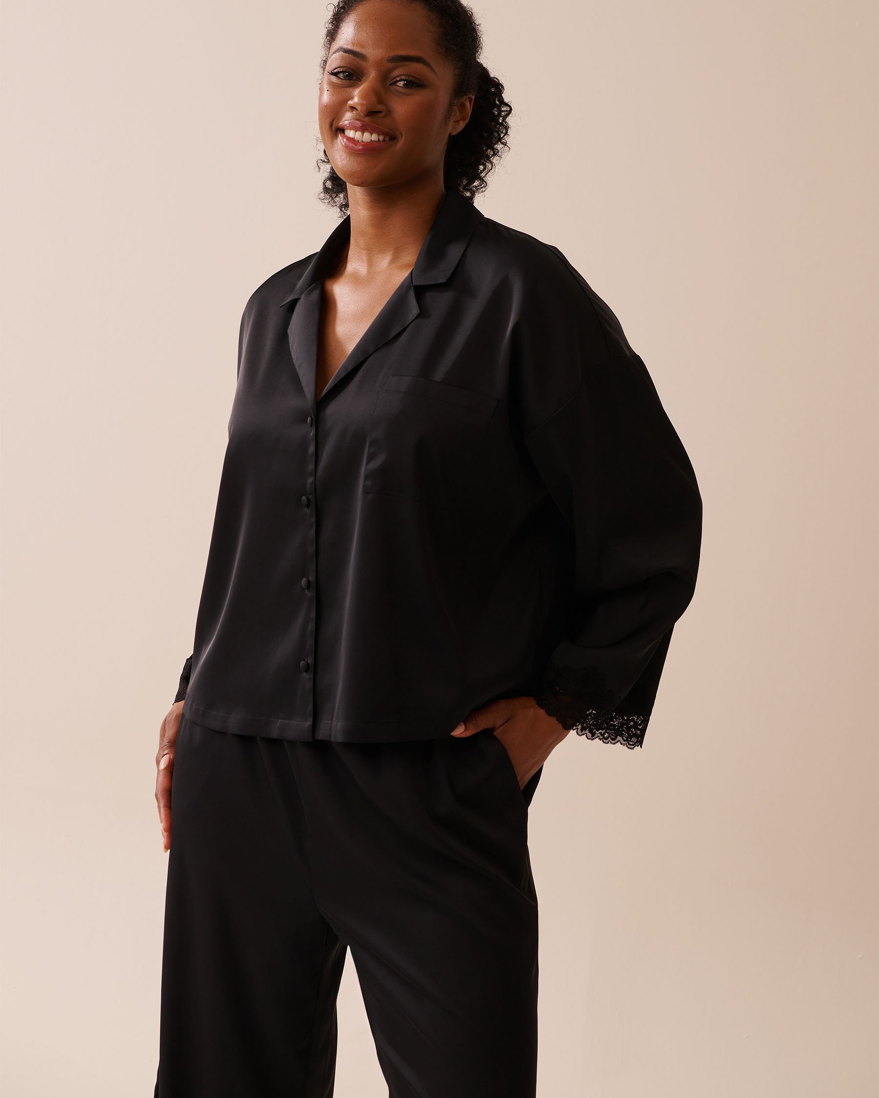 LA VIE EN ROSE Satin and Lace Trim Long Sleeve Button-down Shirt Black 60100144 - View1