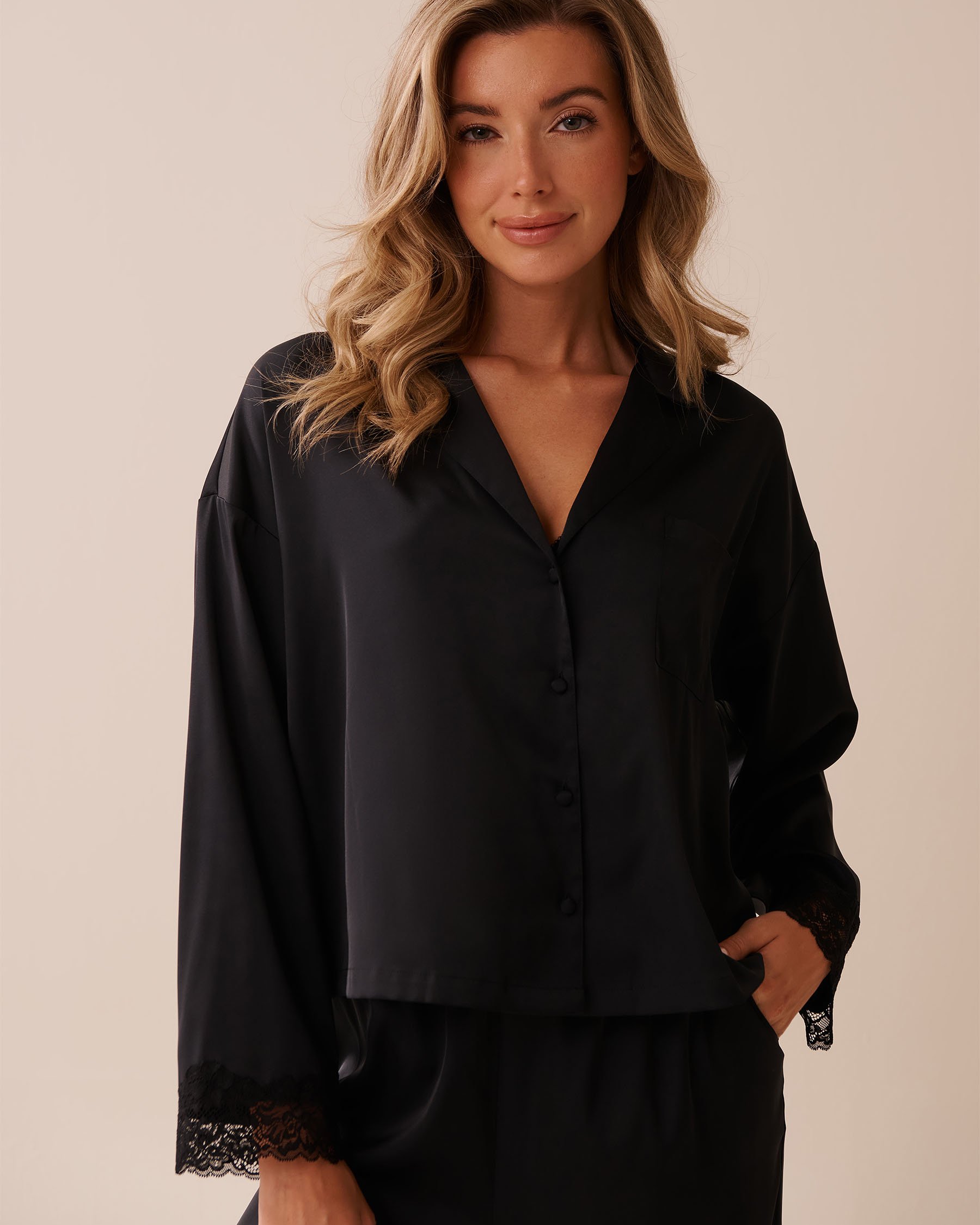 LA VIE EN ROSE Satin and Lace Trim Long Sleeve Button-down Shirt Black 60100144 - View4