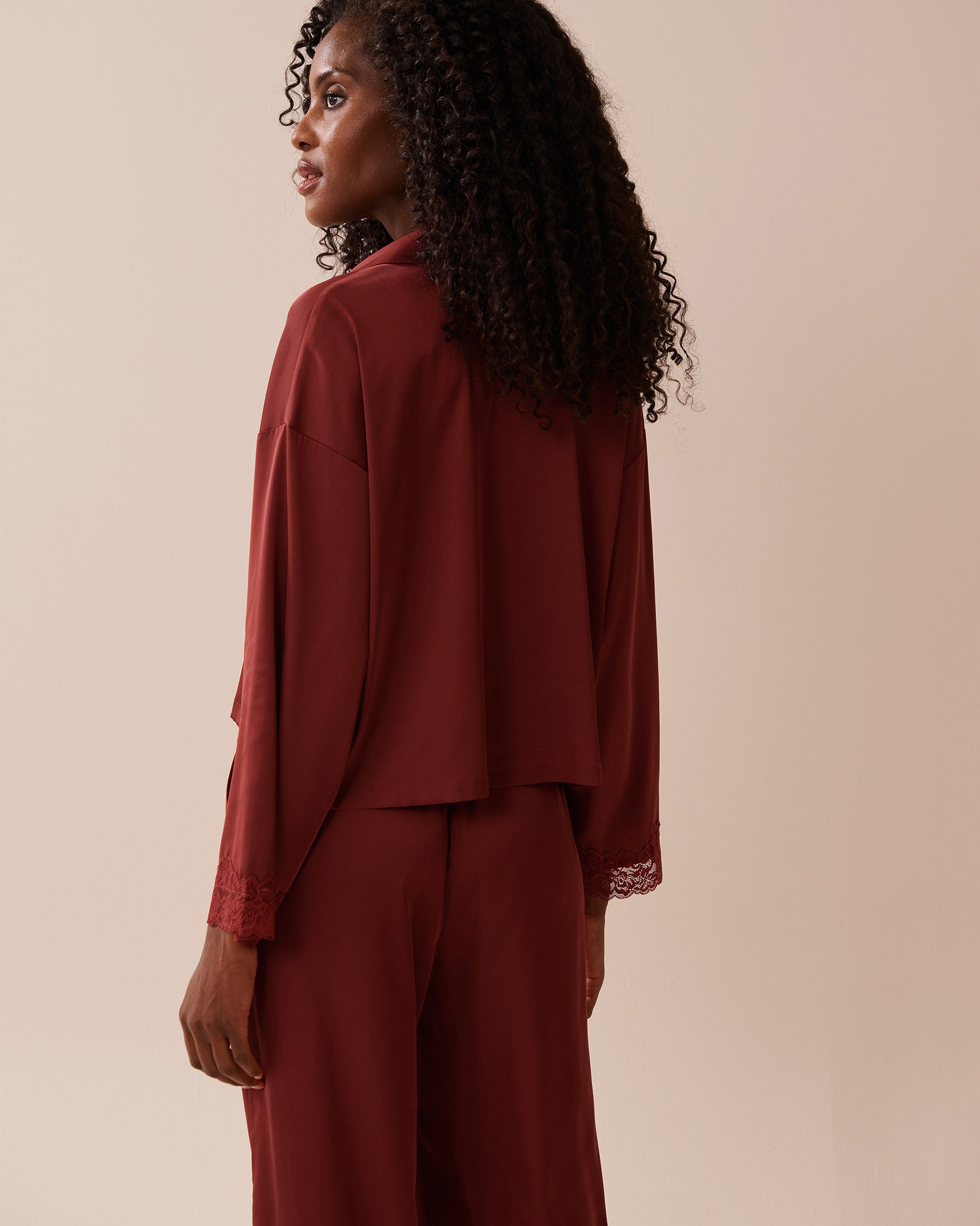 LA VIE EN ROSE Satin and Lace Trim Long Sleeve Button-down Shirt Berry Red 60100144 - View2