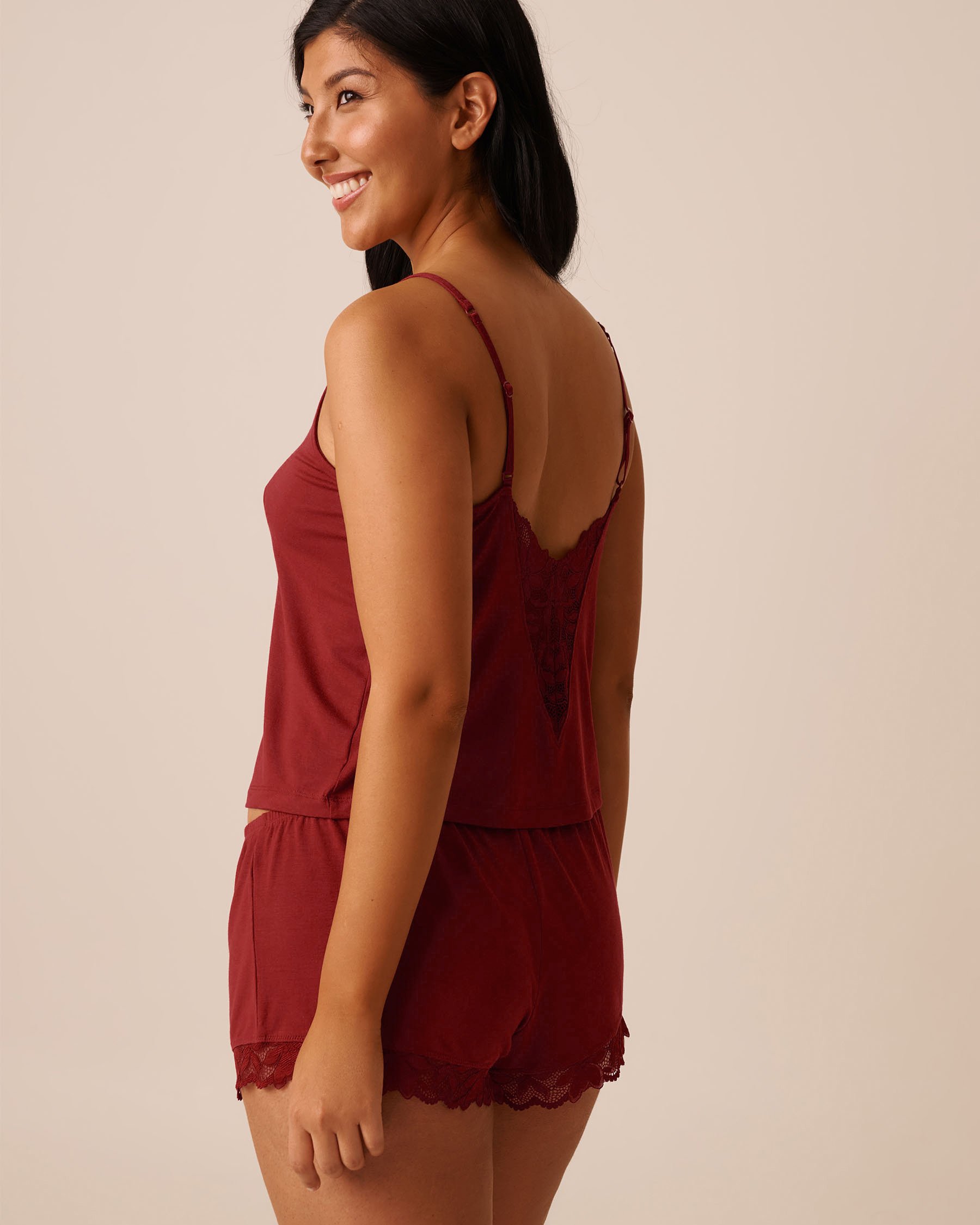 LA VIE EN ROSE Lace Detail Modal Crop Cami Berry Red 60100148 - View2