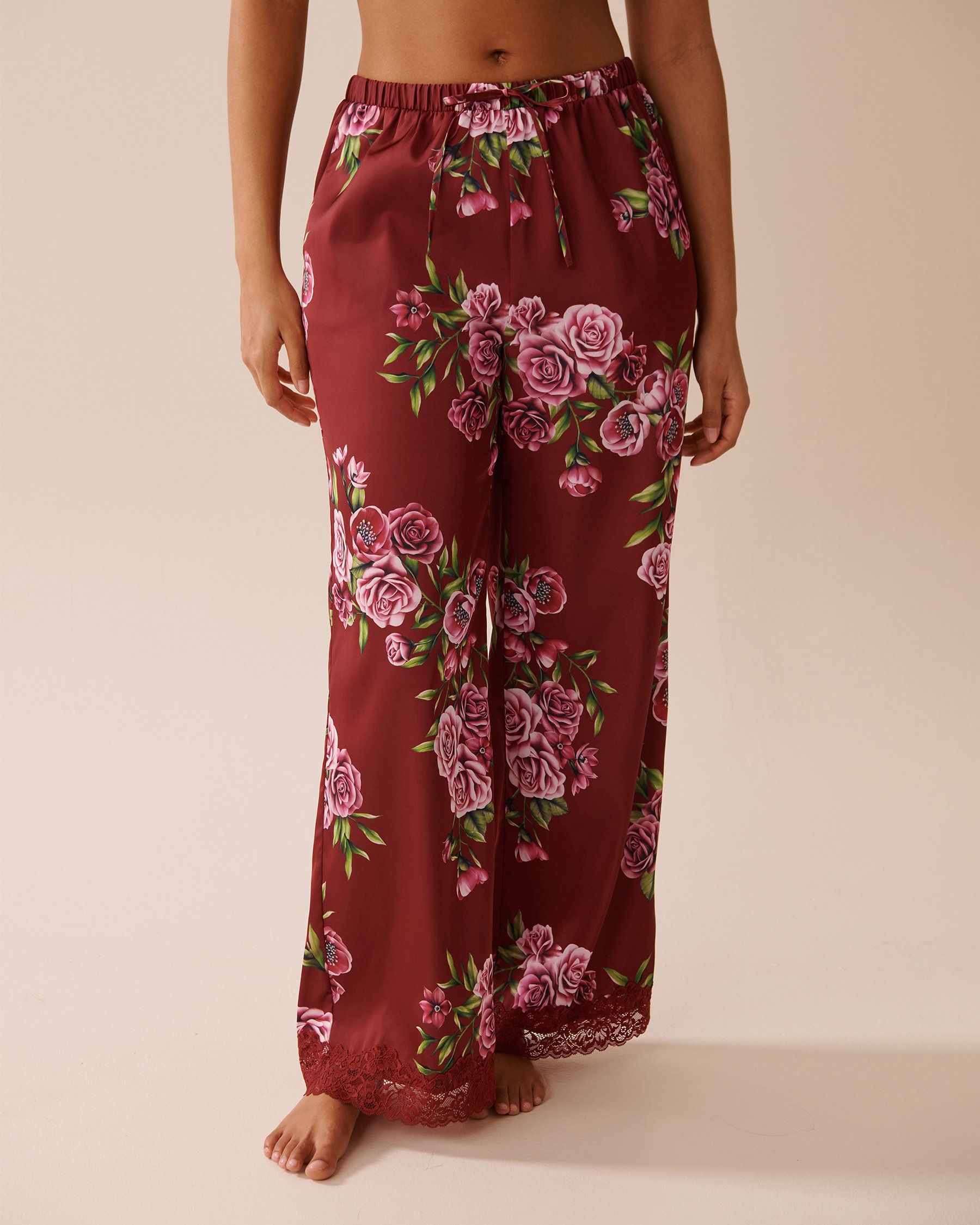 LA VIE EN ROSE Rose Print Satin and Lace Trim Pants Red Rose Garden 60200137 - View1