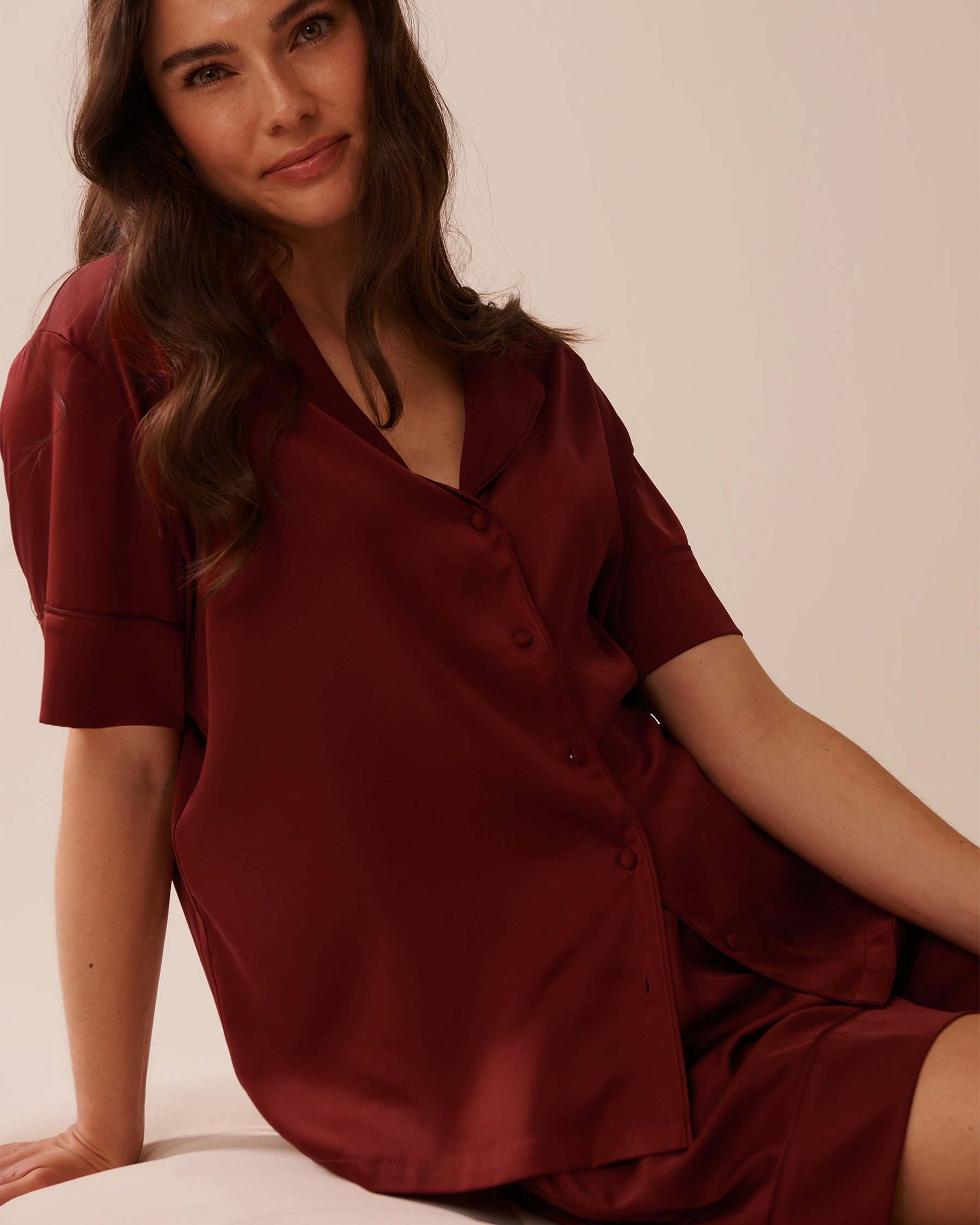 LA VIE EN ROSE Short Sleeve Satin Pajama Set Berry Red 60400058 - View3