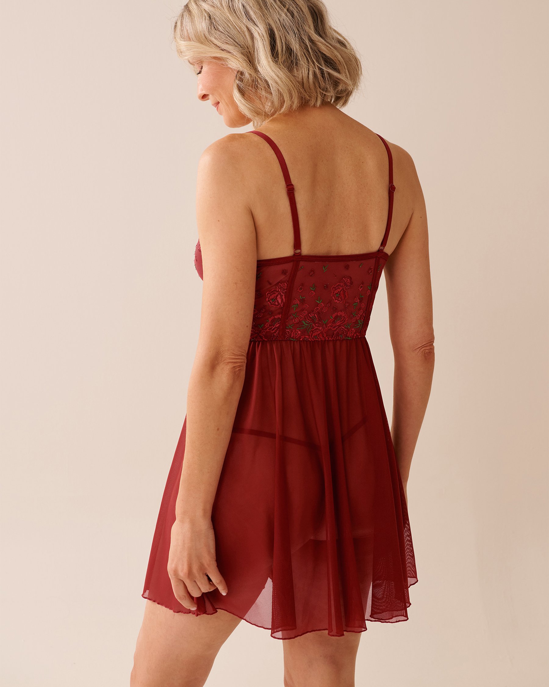 LA VIE EN ROSE Embroidered Mesh Plunge Nightie Red & Green Floral 60500197 - View2