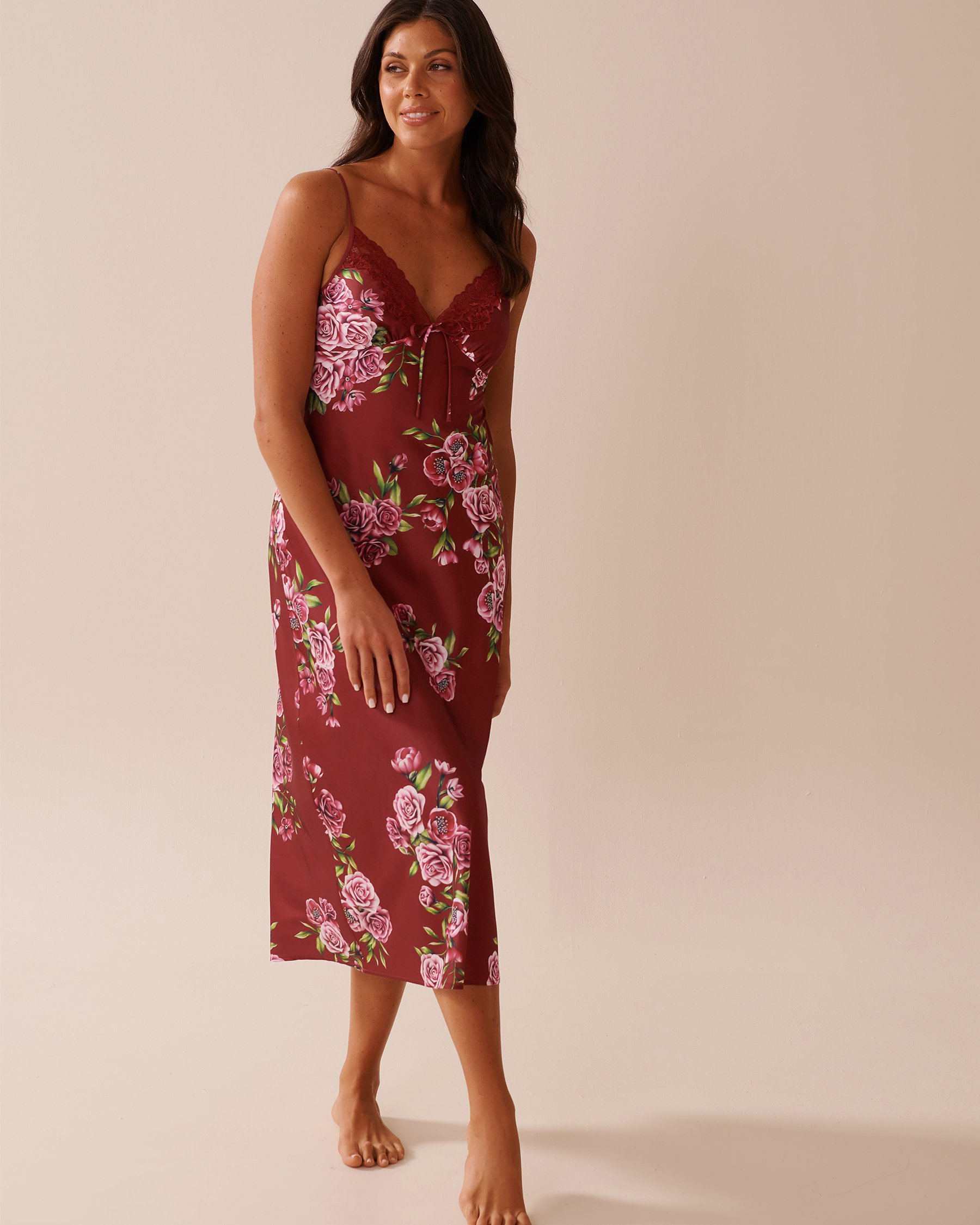 LA VIE EN ROSE Rose Print Satin and Lace Trim Long Nightie Red Rose Garden 60500199 - View1